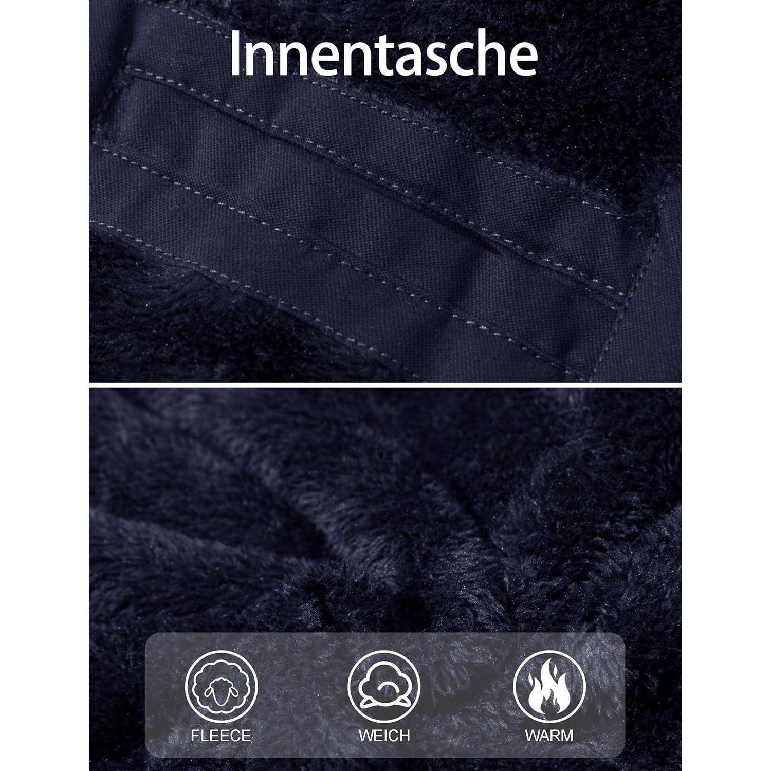 Detailaufnahme des weichen, warmen Innenfutters einer Fleecetasche mit Icons, die ‚Fleece', ‚Weich' und ‚Warm' symbolisieren.