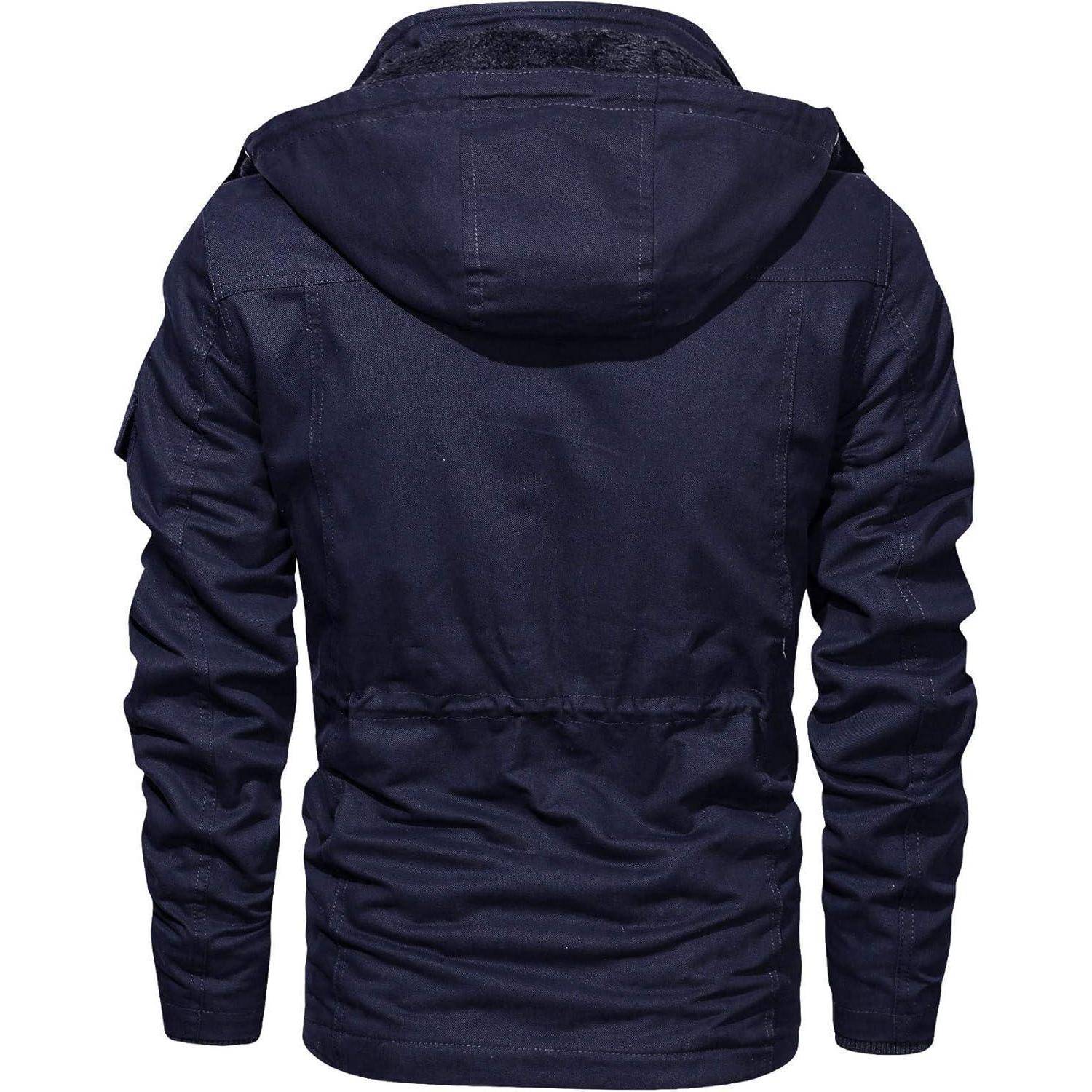 Eine dunkelblaue Kapuzenjacke, von hinten gezeigt, mit langen Ärmeln und lockerer Passform.
