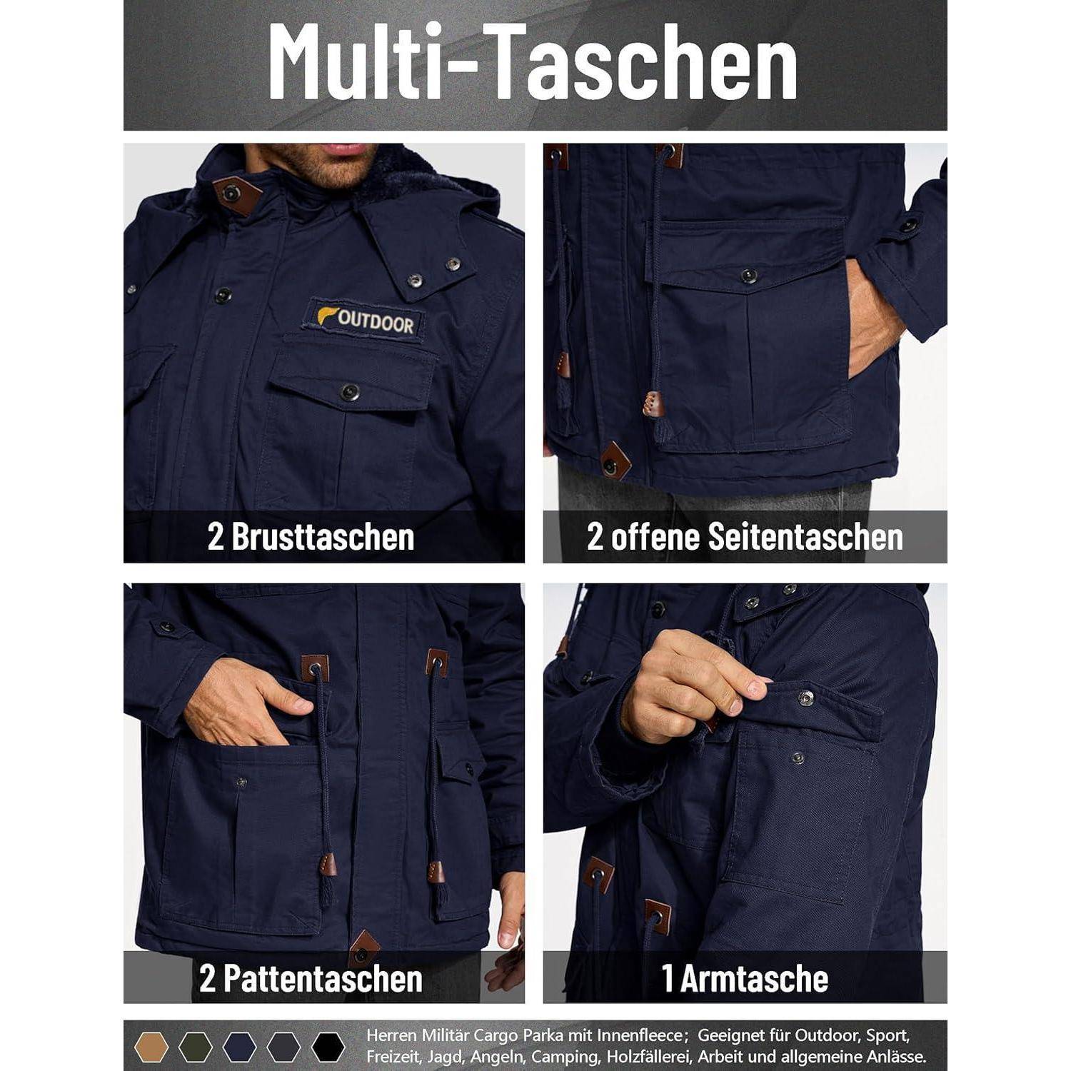 Multi-Taschen': Vier Bilder einer dunklen Jacke, die Funktionen hervorheben - 2 Brusttaschen, 2 offene Seitentaschen, 2 Klappentaschen und 1 Ärmelstasche; geeignet für Outdoor-Aktivitäten.