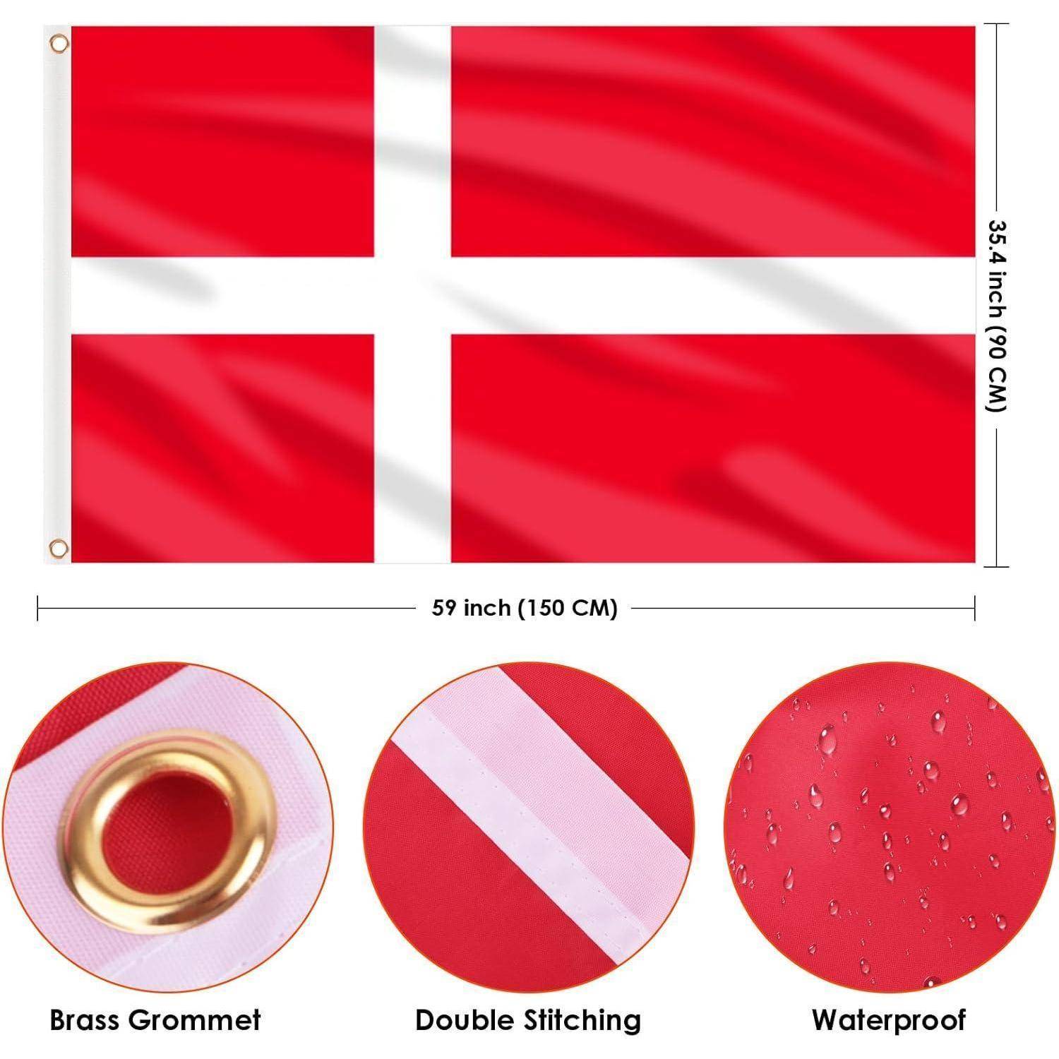 Rote Flagge mit weißem nordischem Kreuz, angegebene Abmessungen sind 59 bei 35,4 Zoll. Einblendungen zeigen Messingöse, Doppelnaht und wasserdichte Eigenschaften.