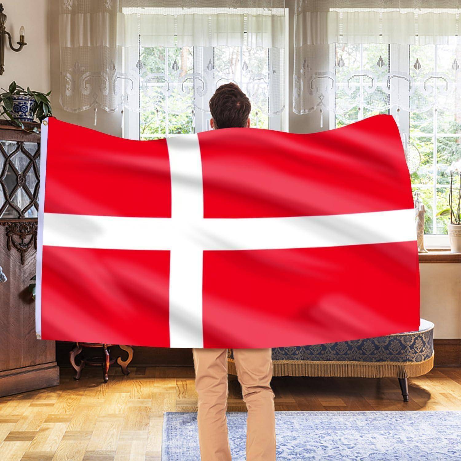 Eine Person steht drinnen und hält eine große dänische Flagge, während sie einem Fenster mit transparenten Gardinen zugewandt ist. Der Raum verfügt über einen Holzschrank und einen gemusterten Teppich.