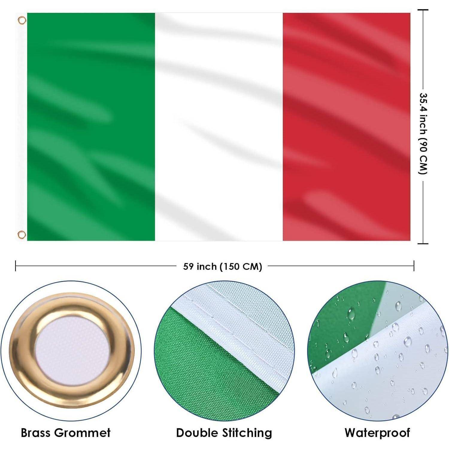 Eine italienische Flagge wird mit drei vertikalen Streifen in Grün, Weiß und Rot gezeigt. Das Bild hebt Messingösen, Doppelnaht und wasserdichte Eigenschaften hervor.
