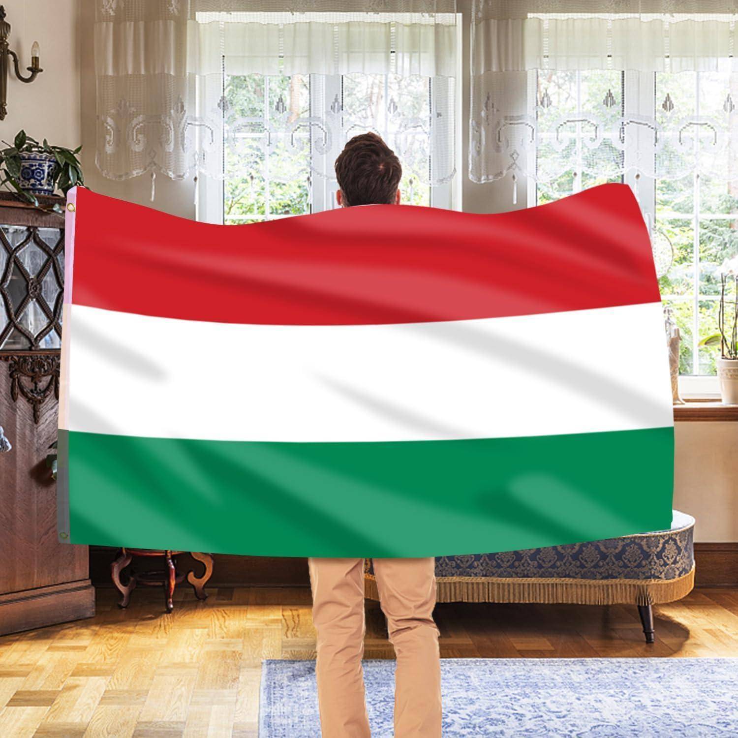 Eine Person steht drinnen und hält eine große horizontale Trikolore-Flagge mit roten, weißen und grünen Streifen von oben nach unten.