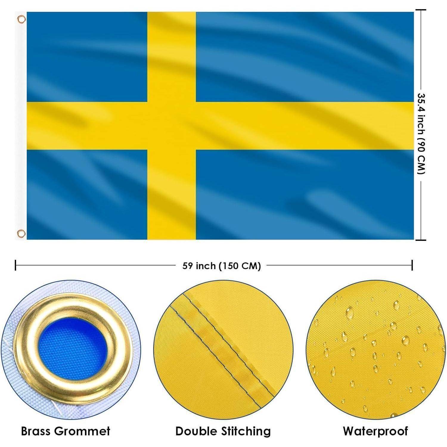 Schwedische Flagge mit Messingöse, doppelter Naht, wasserdicht; Abmessungen: 59 Zoll (150 cm) x 35,4 Zoll (90 cm).