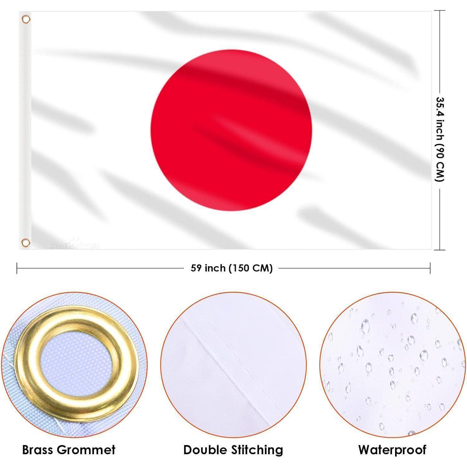 Japanische Flagge mit einem roten Kreis auf weißem Hintergrund, mit Abmessungen von 59 x 35,4 Zoll (150 x 90 cm). Ausgestattet mit Messingösen, doppelter Naht und wasserdichtem Material.