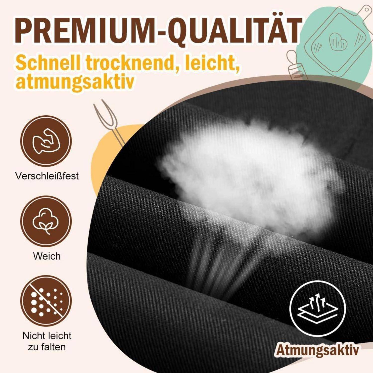 Das Bild bewirbt einen hochwertigen Stoff mit Eigenschaften: schnell trocknend, langlebig, weich und atmungsaktiv, mit Betonung auf leichtem Komfort.