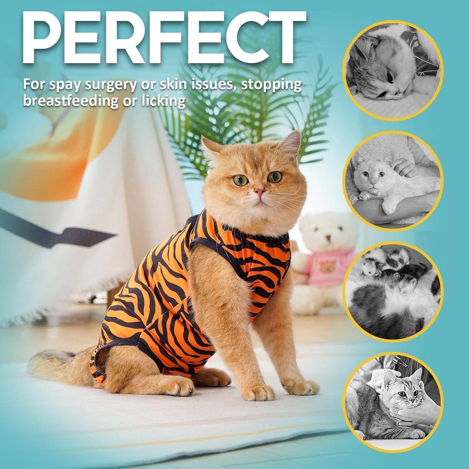 Eine Katze in einem gestreiften Body sitzt auf dem Boden. Text lautet: 'Perfekt für Sterilisationsoperationen oder Hautkrankheiten, zum Abstillen oder zum Verhindern von Belecken.