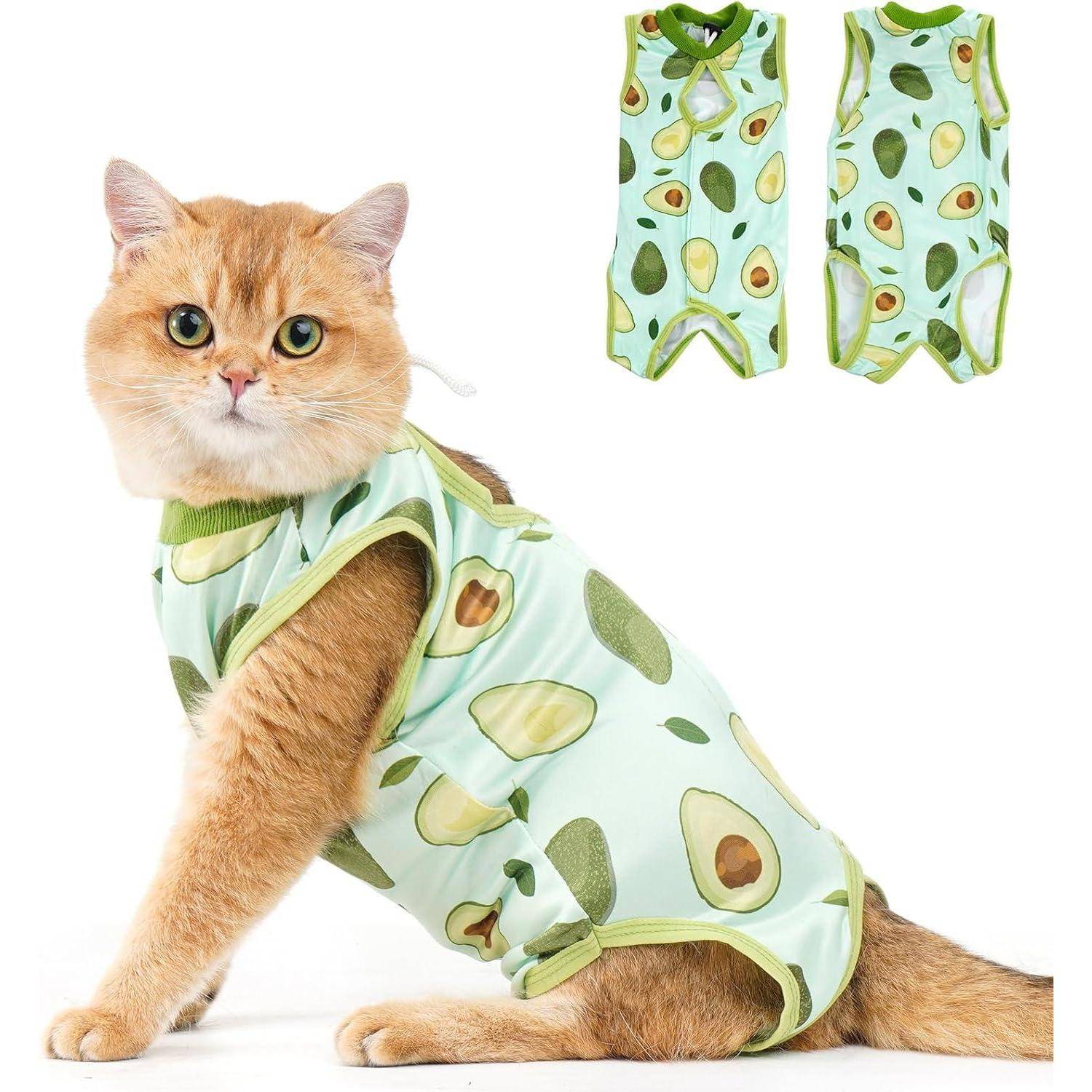 Eine Katze trägt einen Einteiler mit Avocado-Mustern und sitzt, während zwei weitere Einteiler mit ähnlichem Design oben rechts gezeigt werden.