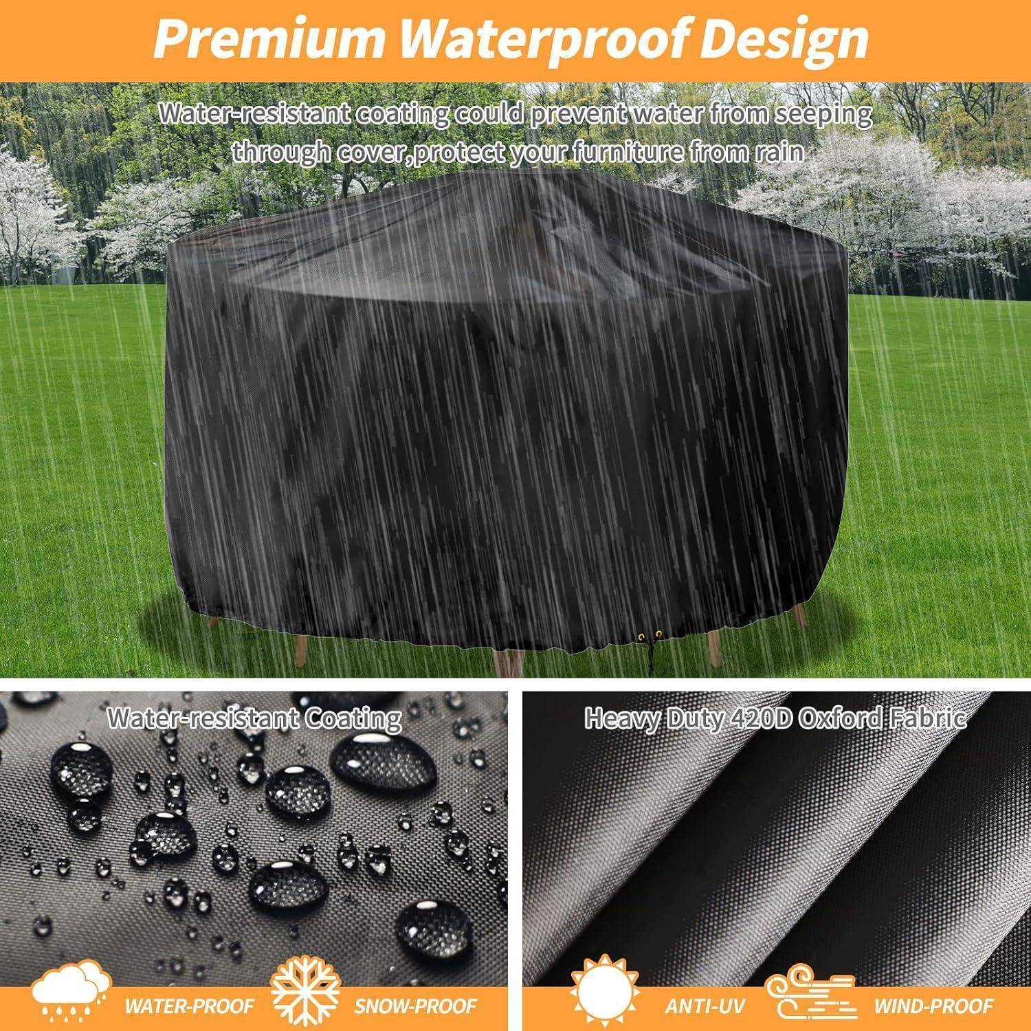 Gartenmöbel-Abdeckung in einer Gartenkulisse; Text hebt Merkmale hervor: 'Wasserabweisende Beschichtung', 'Robuste 420D Oxford-Gewebe'. Icons zeigen wasserdichte, schneefeste, UV-beständige und windabweisende Eigenschaften.