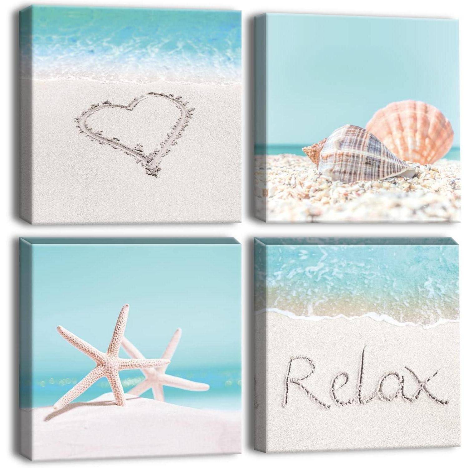 Leinwandbilder 4 Teilig Muschel Seashell Starfish und Strand 30x30cm