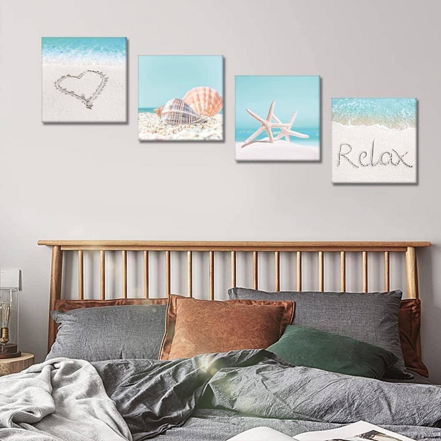 Leinwandbilder 4 Teilig Muschel Seashell Starfish und Strand 30x30cm