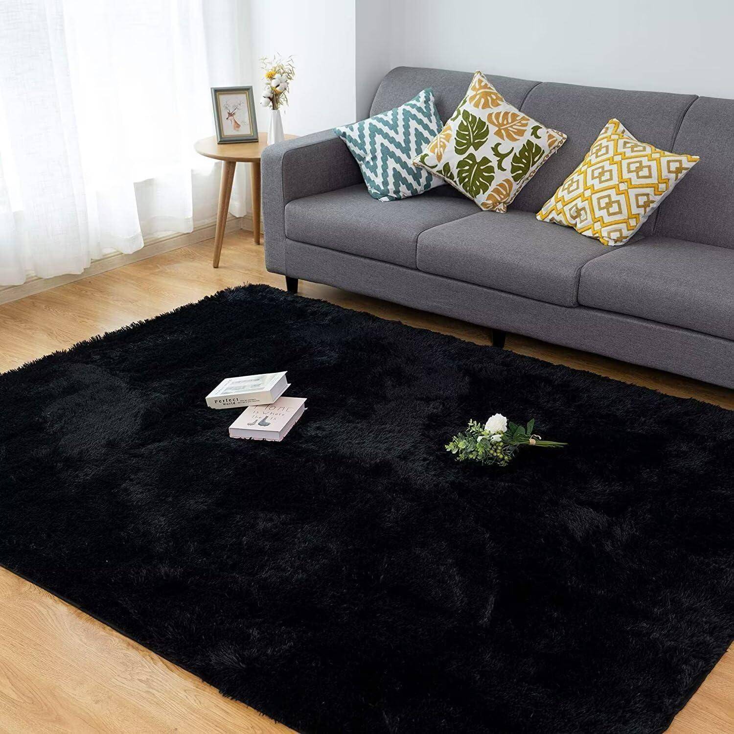 Teppich Wohnzimmer Shaggy Langflor Antirutsch Schwarz 200x290CM