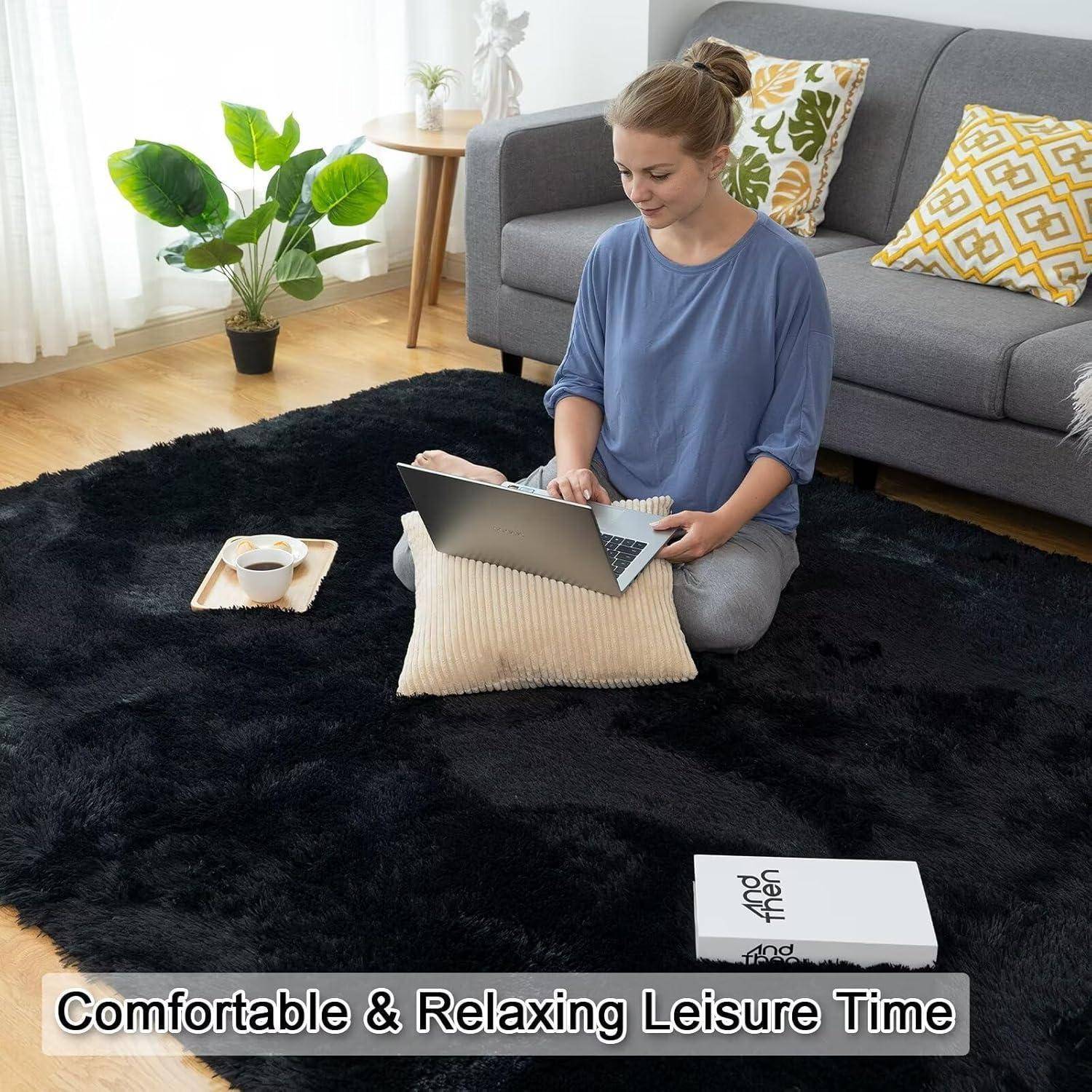 Teppich Wohnzimmer Shaggy Langflor Antirutsch Schwarz 200x290CM