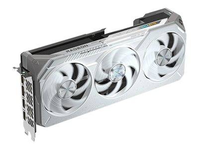Eine weiße Grafikkarte mit drei Lüftern, mit der Markenbezeichnung 'Radeon'.