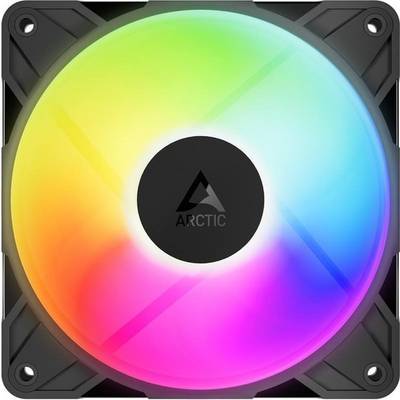 Computerkühlventilator mit bunter RGB-Beleuchtung und einem Logo in der Mitte, quadratischer Rahmen, entwickelt zur Verbesserung der PC-Ästhetik und Luftzirkulation.