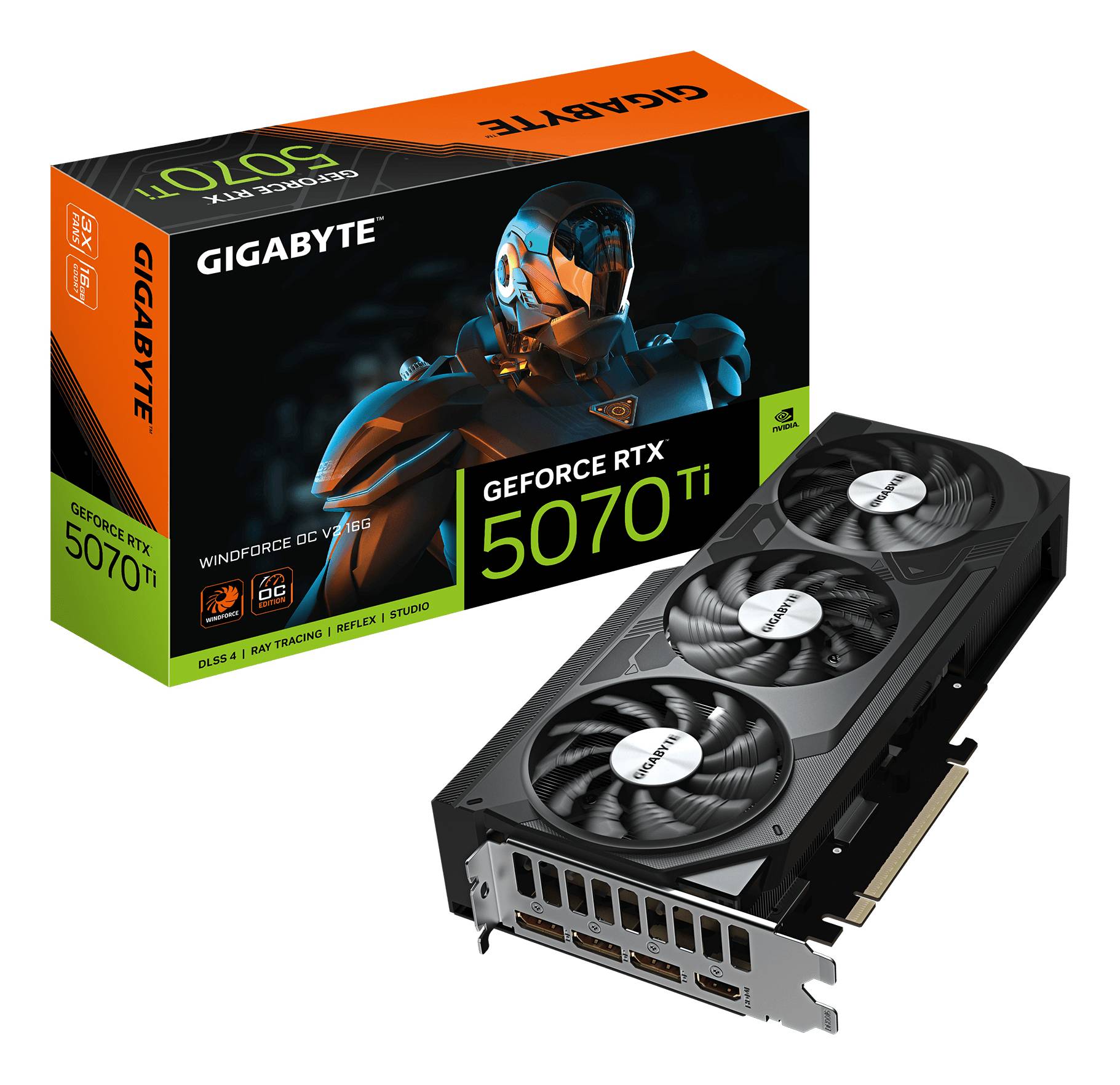 Eine Gigabyte GeForce RTX 5070 Ti Grafikkarte mit Drei-Lüfter-Kühlung wird neben ihrer leuchtend orange-schwarzen Verpackung gezeigt.