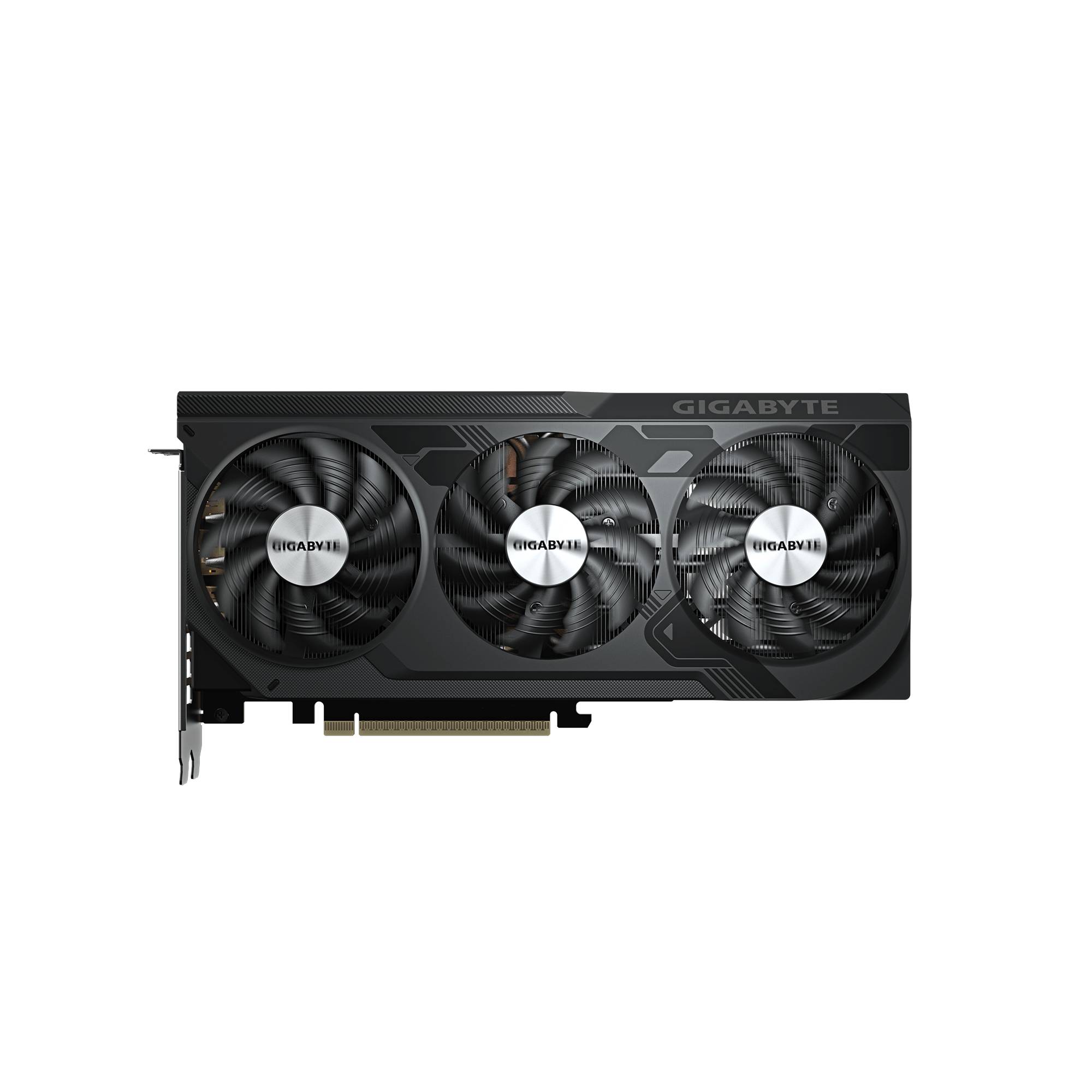 Schwarze GIGABYTE-Grafikkarte mit drei Kühlventilatoren auf einfachem schwarzem Hintergrund.