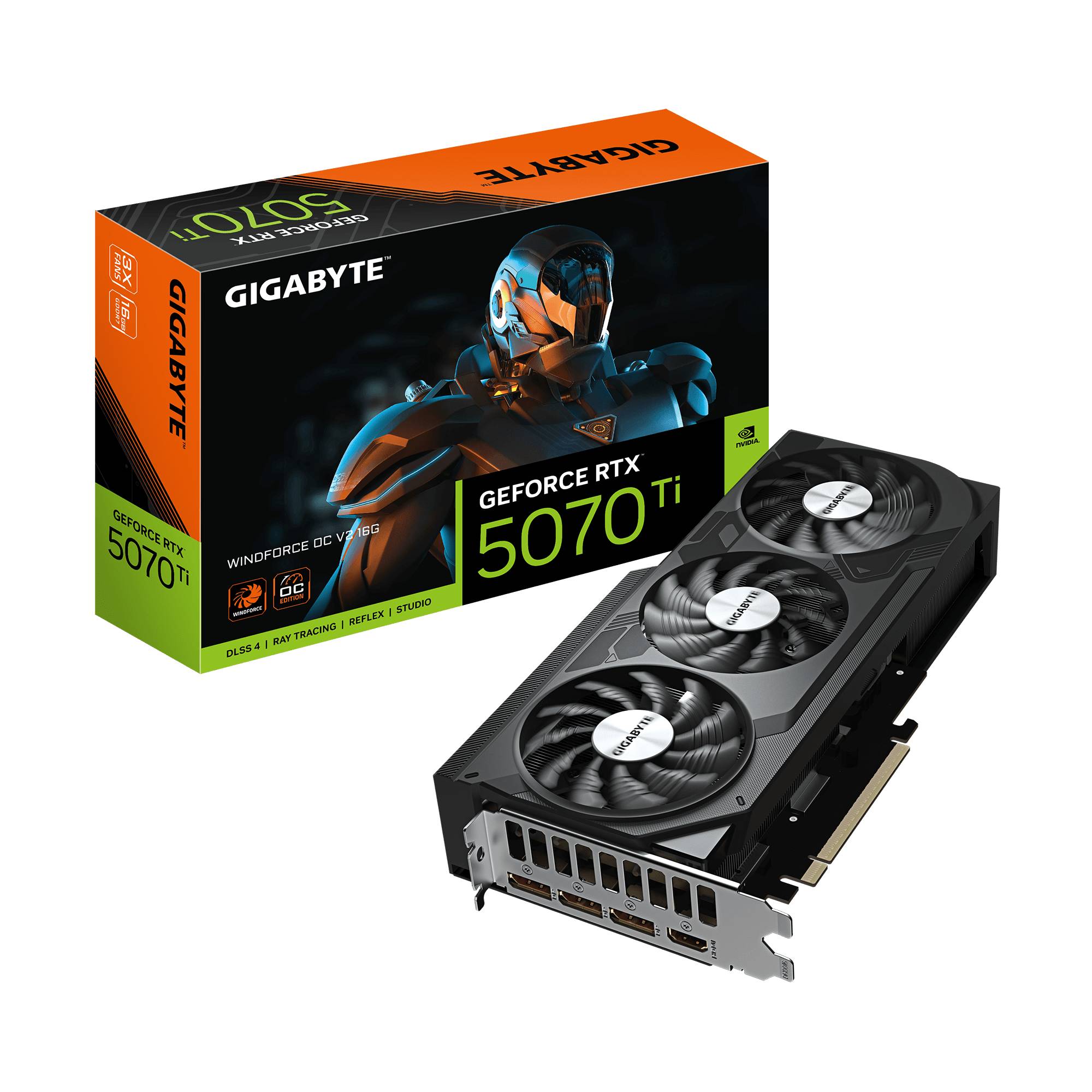 Gigabyte GeForce RTX 5070 Ti Grafikkarte und Einzelhandelskarton auf schwarzem Hintergrund dargestellt.