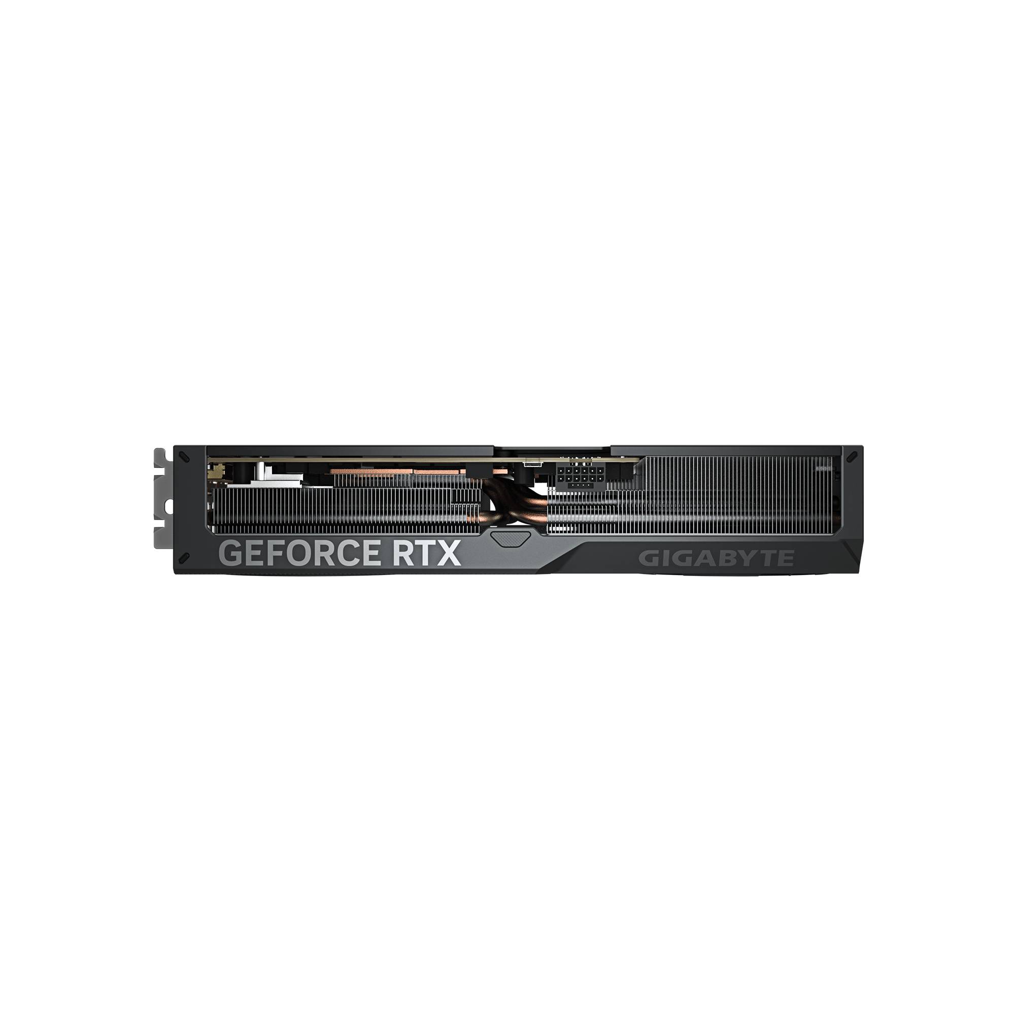 Seitenansicht einer Gigabyte GeForce RTX Grafikkarte, die das lange schwarze Kühlgehäuse und den freigelegten Kühlkörper auf schwarzem Hintergrund zeigt.