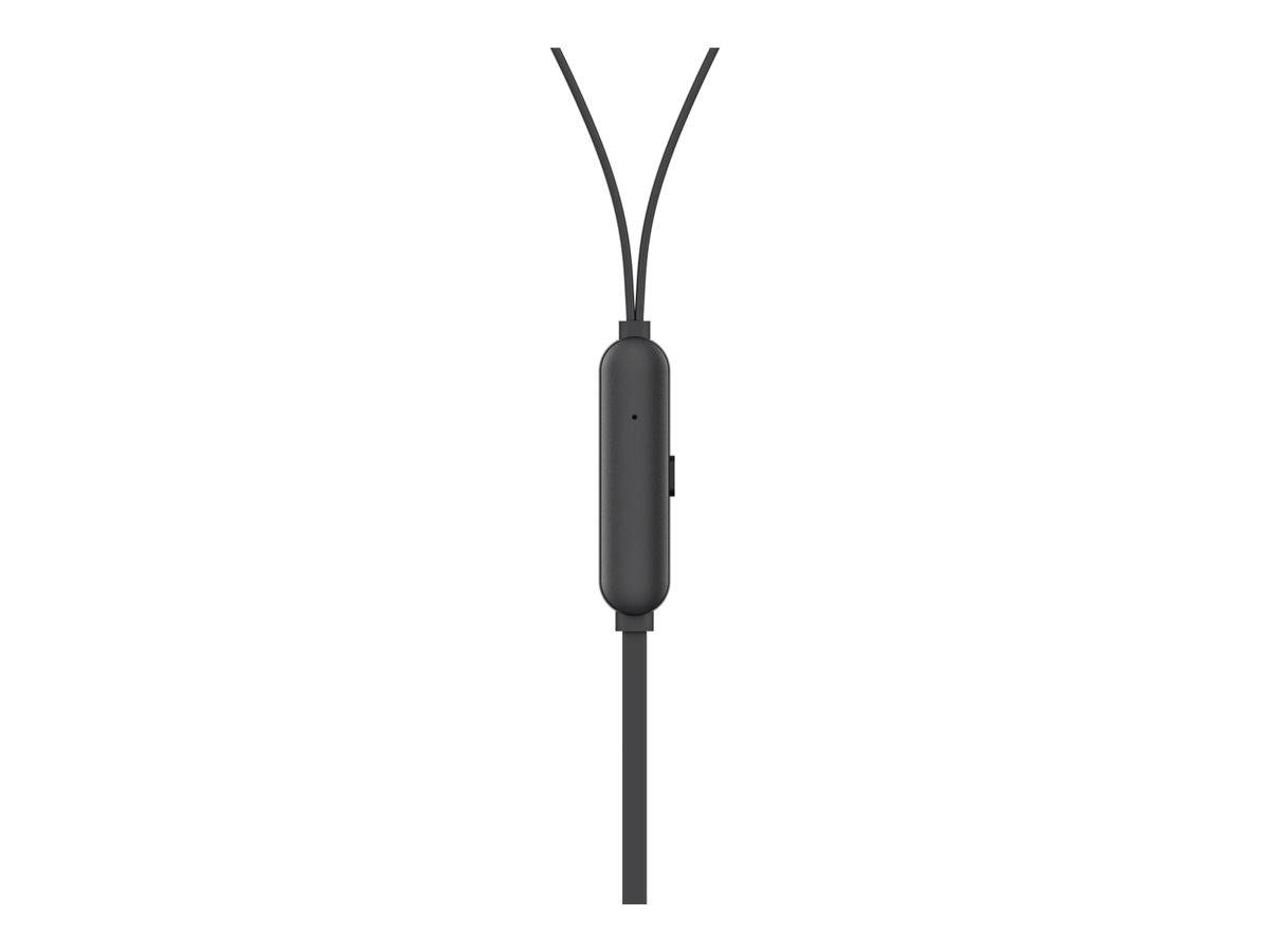 Schwarzes Inline-Kabelsteuerelement oder Mikrofonmodul an einem Y-förmig aufgeteilten Ohrhörerkabel vor weißem Hintergrund.