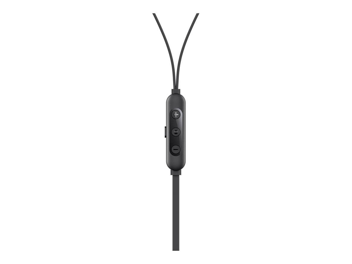 Schwarze kabelgebundene In-Ear-Kopfhörer mit einem Inline-Steuermodul und drei Tasten am Kabel.