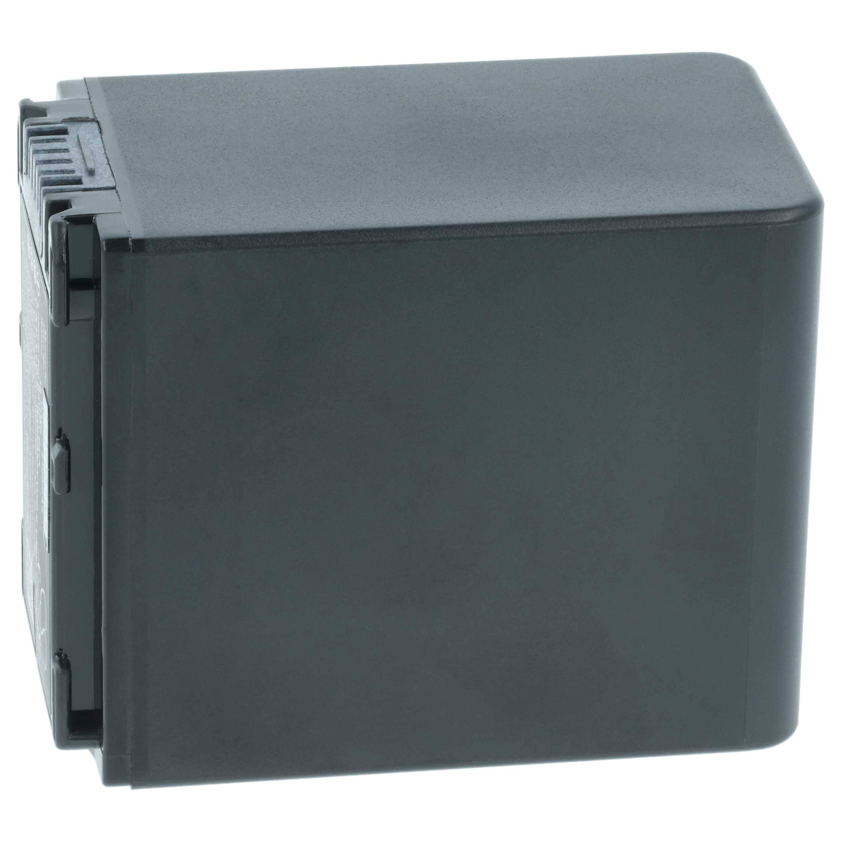 Eine schwarze rechteckige Kamera-Batterie wird von der Seite gezeigt. Das Bild unterstreicht ihr kompaktes Design und die matte Oberfläche.