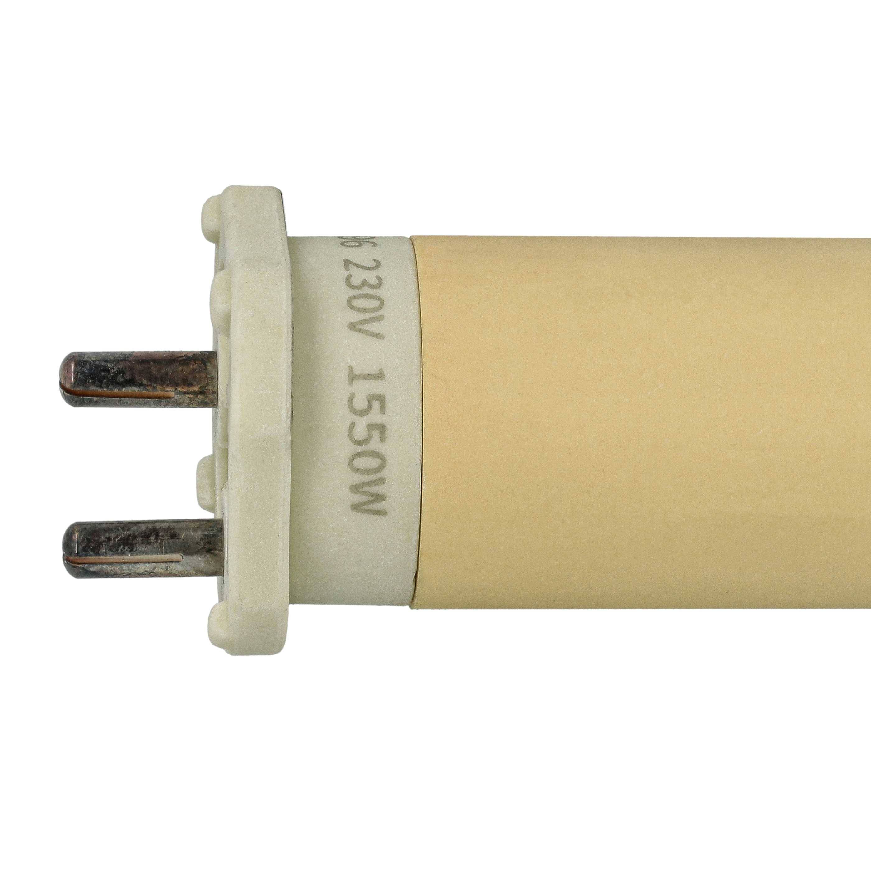 Eine Nahaufnahme einer beigen, zylindrischen Elektrosicherung mit Metallstiften, die auf ihrer Keramikbasis mit ‚230V 1550W' beschriftet ist.