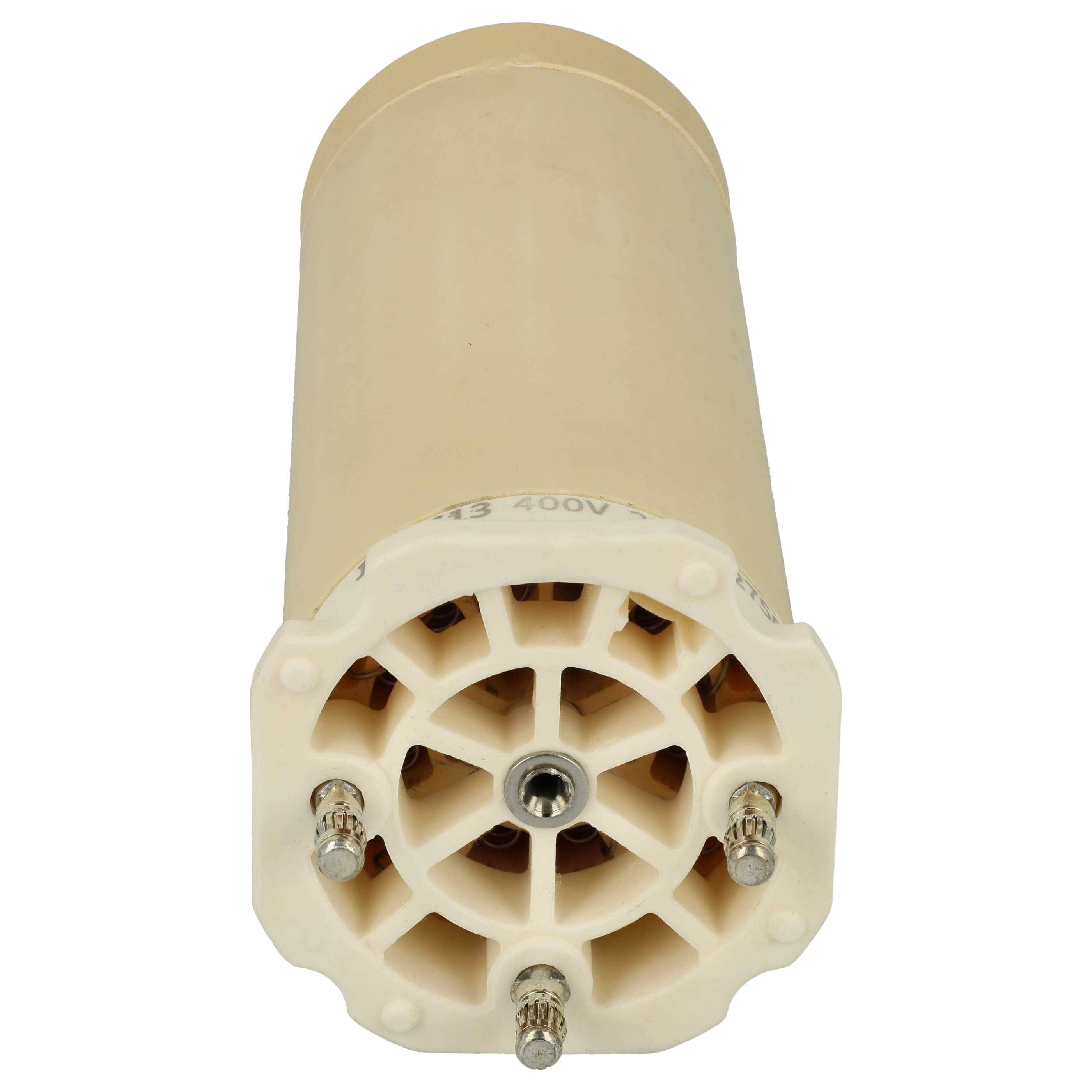 Eine zylindrische beige elektronische Komponente mit einer kreisförmigen Basis, die mehrere Metallverbinder aufweist.