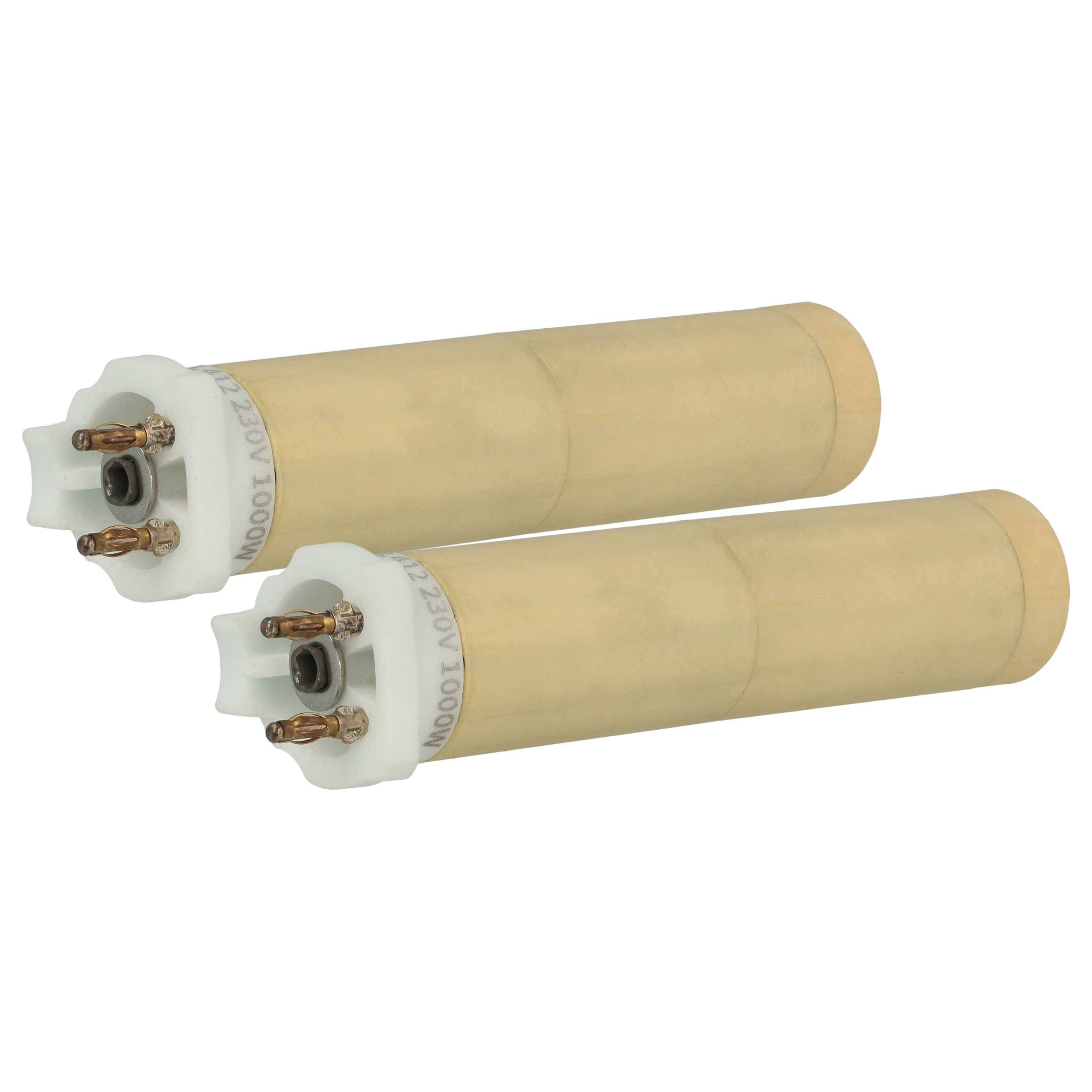 Zwei beige zylindrische elektronische Bauteile mit Metallstiften an einem Ende, horizontal angeordnet, die in elektrischen Geräten verwendet werden.