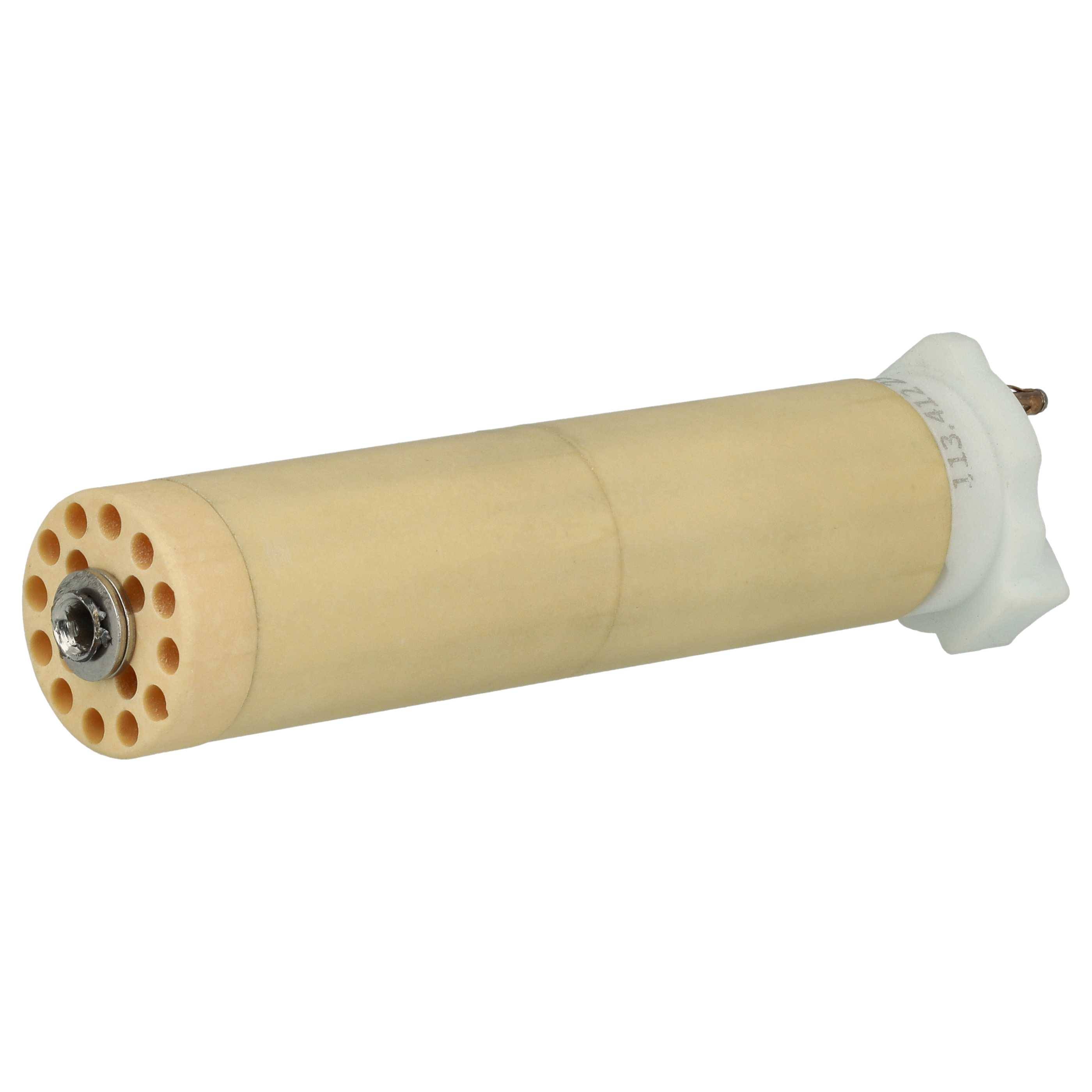 Ein beiger zylindrischer Filter mit mehreren kleinen Löchern an einem Ende und einer Metallschraubkomponente, der in Wasserfilteranlagen verwendet wird.