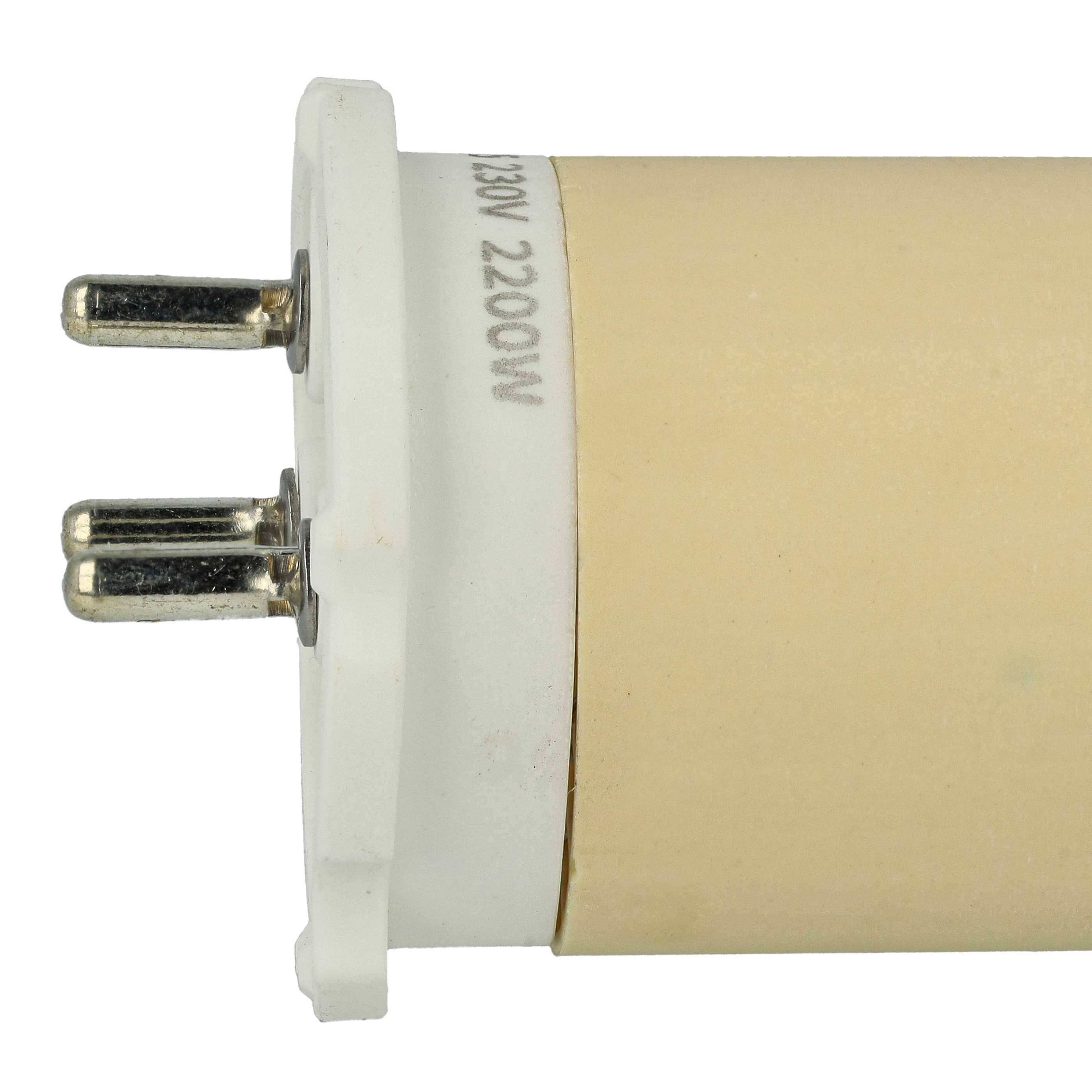 Eine Nahaufnahme eines zylindrischen elektrischen Steckers mit zwei flachen Stiften und einer Beschriftung mit '230V 2200W', die seine Spannungs- und Leistungskapazität anzeigt.