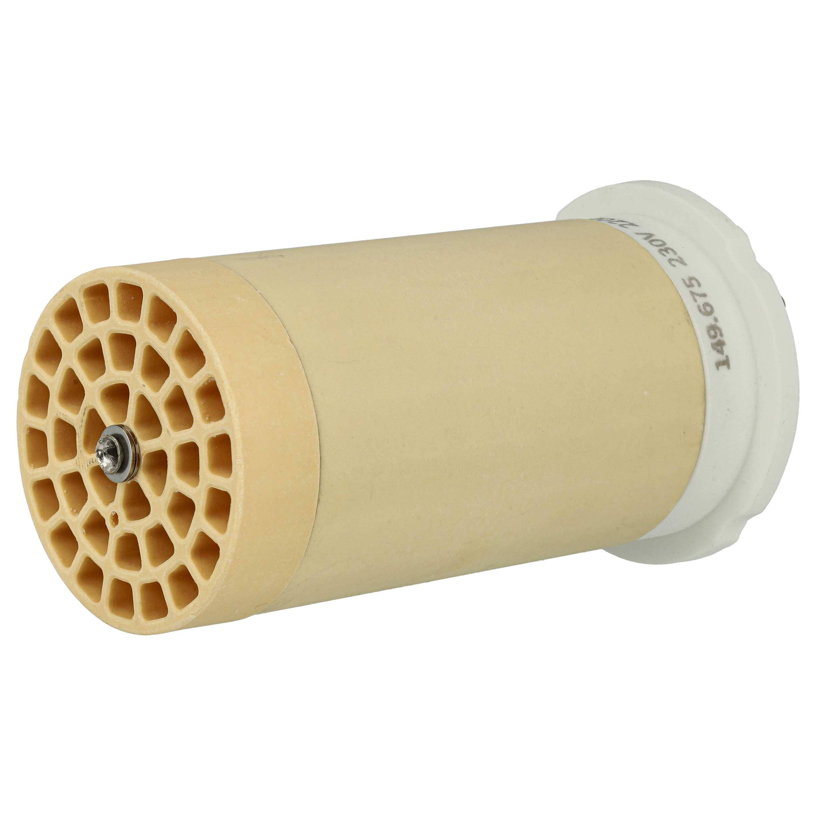 Eine zylindrische beige Filterpatrone mit einem gitterartigen Muster an einem Ende und einem glatten weißen Enddeckel, die für Filtersysteme verwendet wird.