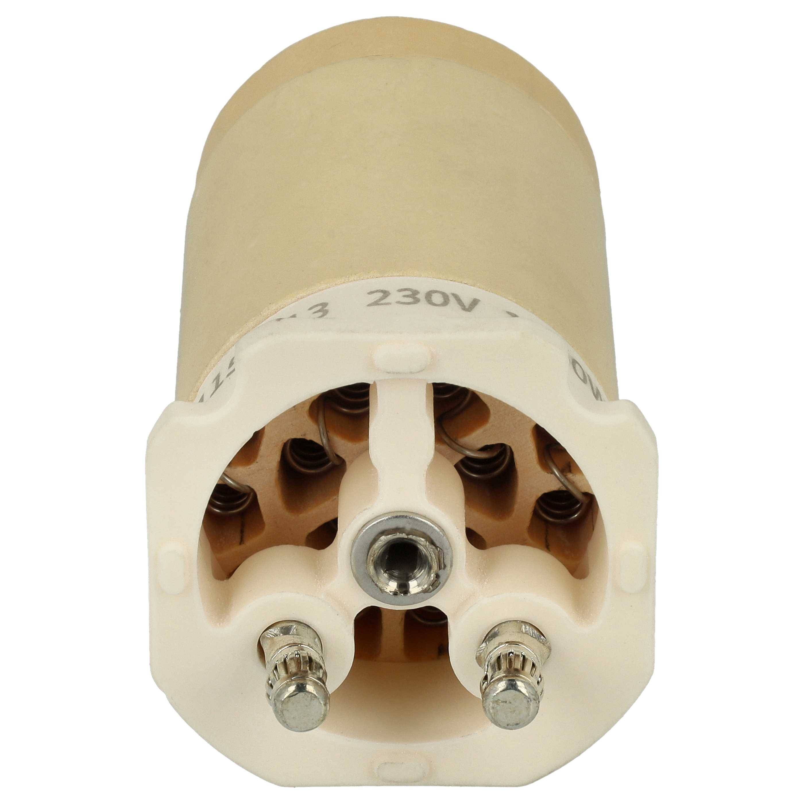 Eine Keramik-Steckdosenbasis mit der Beschriftung '230V', die drei Anschlusspunkte für elektrische Leitungen aufweist und für sichere Kabelverbindungen konzipiert ist.