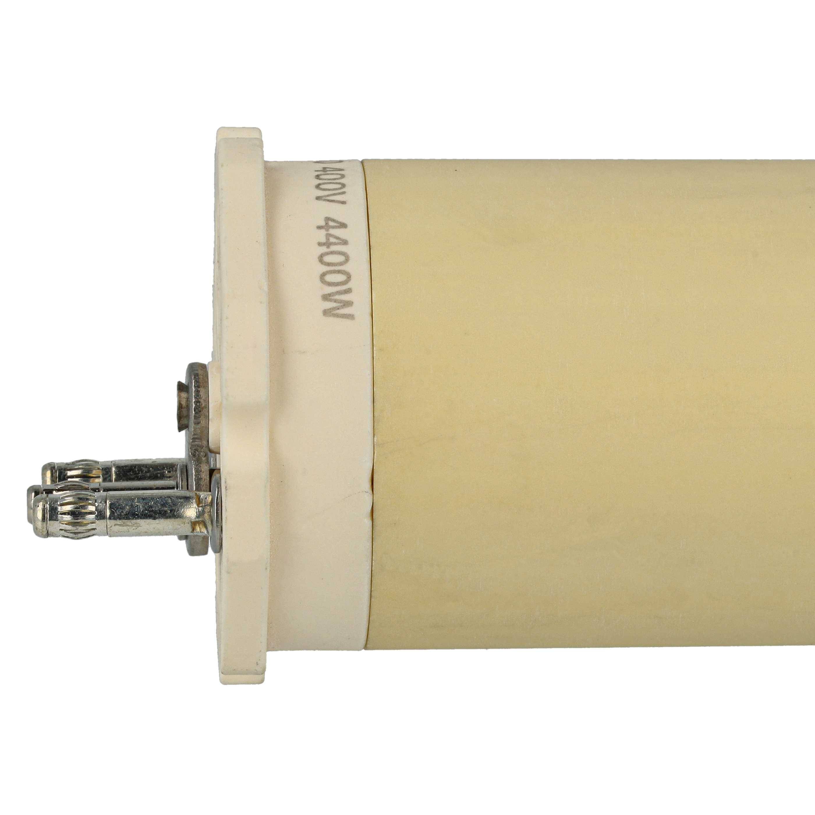 Ein zylindrischer Heizstab, gekennzeichnet mit '4400W 240V', mit beigefarbenem Gehäuse und Metallkontakten, der für elektrische Heizanwendungen verwendet wird.