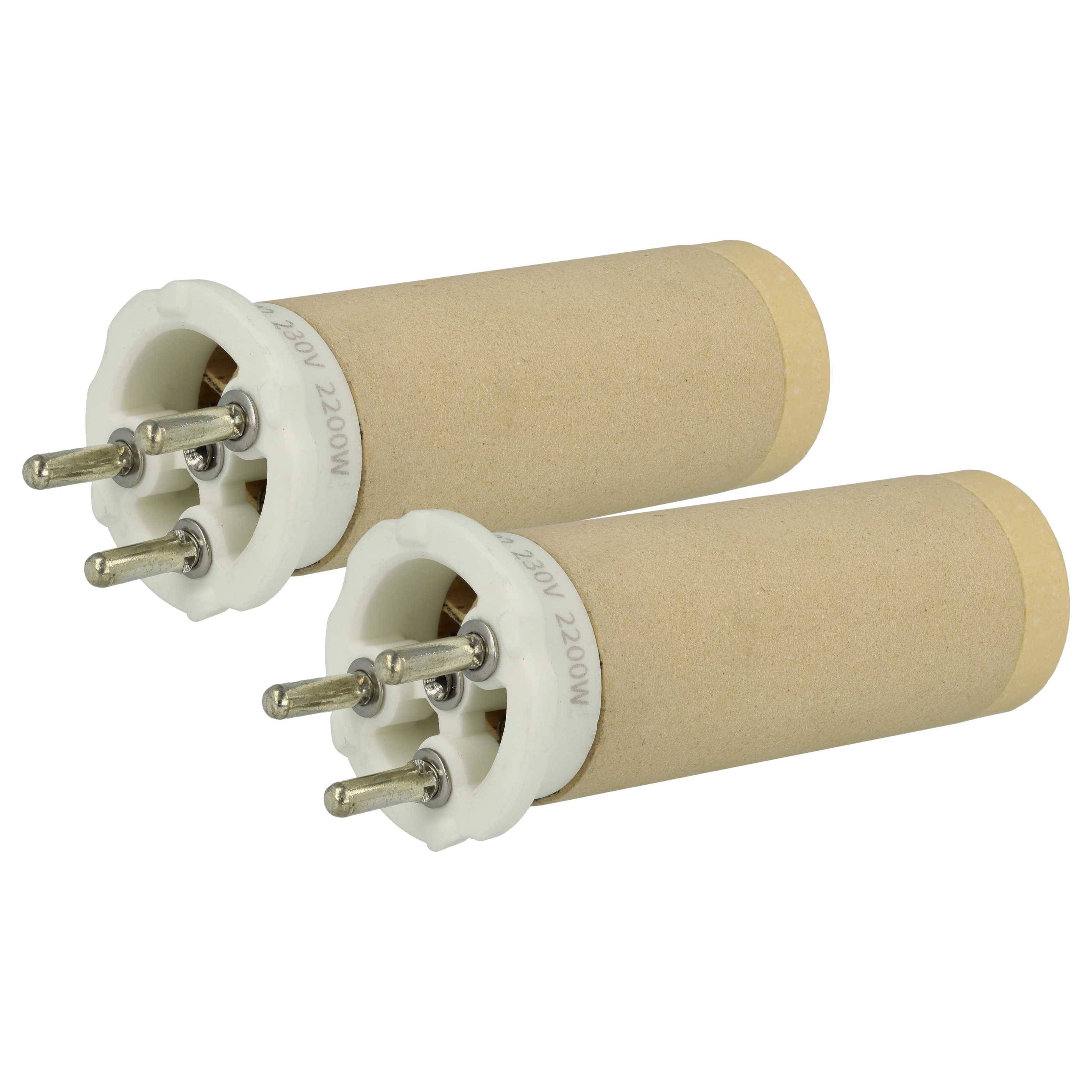 Zwei Keramikheizelemente mit Metallstäben, gekennzeichnet mit 240V 2200W, entwickelt für Anwendungen bei hohen Temperaturen.