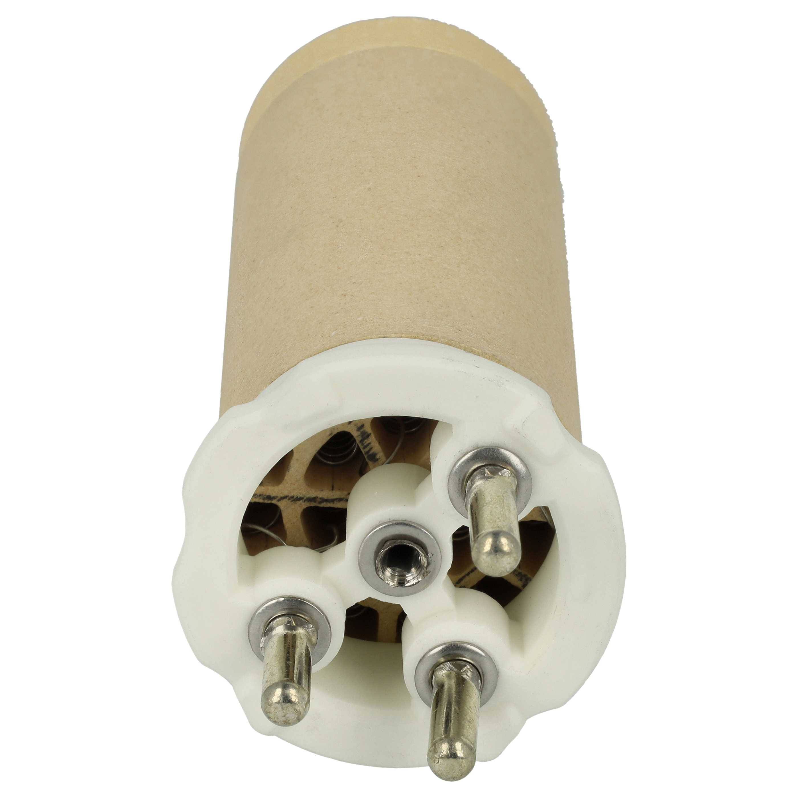 Ein beiger, zylindrischer Wasserfilter mit mehreren Metallzacken an einem Ende, konzipiert für industrielle oder häusliche Verwendung.