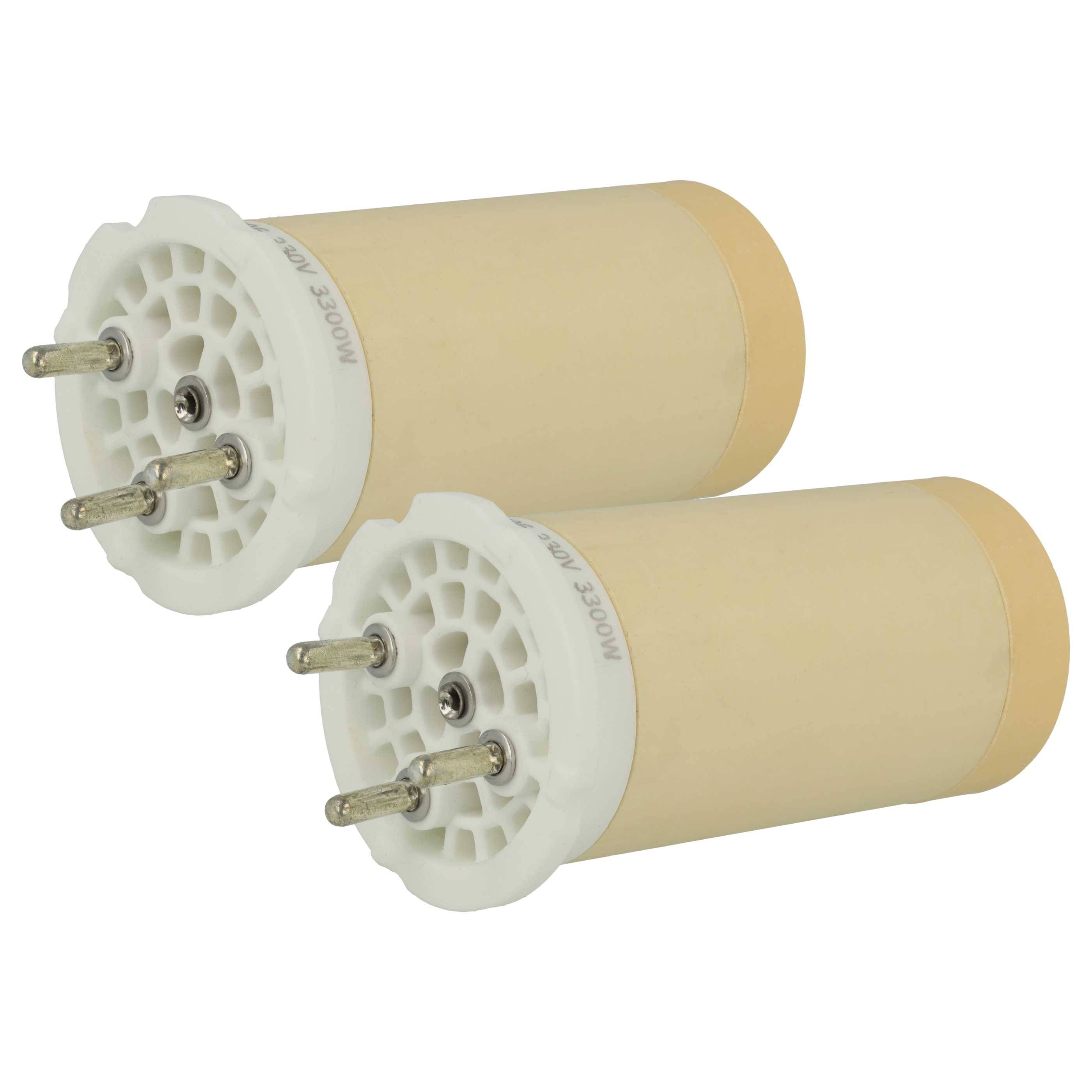 Zwei beige UV-Lampenbirnen mit weißen Sockeln, die jeweils vier Metallstifte aufweisen.