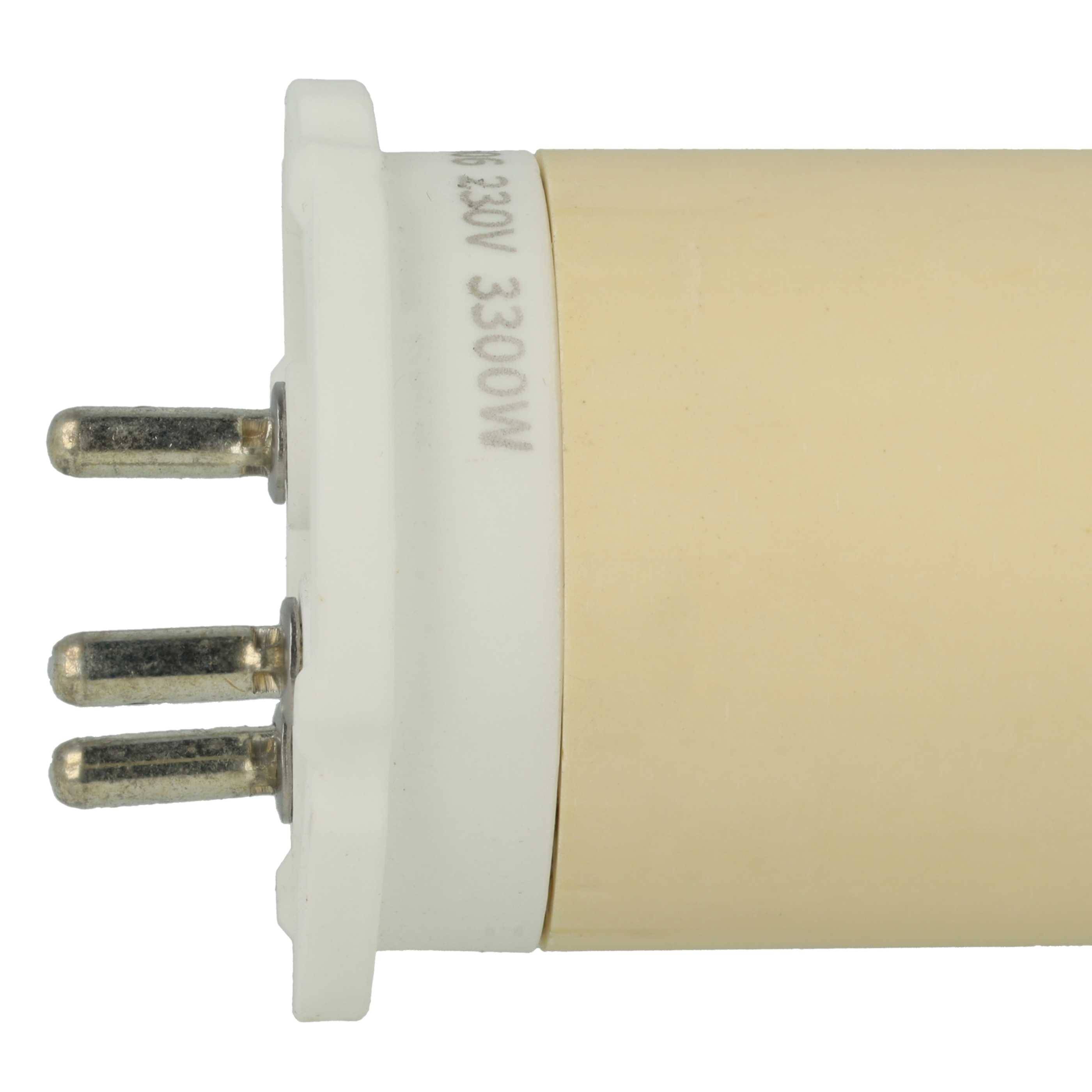 Ein beiger elektrischer Stecker mit drei Metallstiften, auf der Seite mit ‚230V 300W' beschriftet, der für Verbindungen mit spezifischen Leistungsanforderungen verwendet wird.