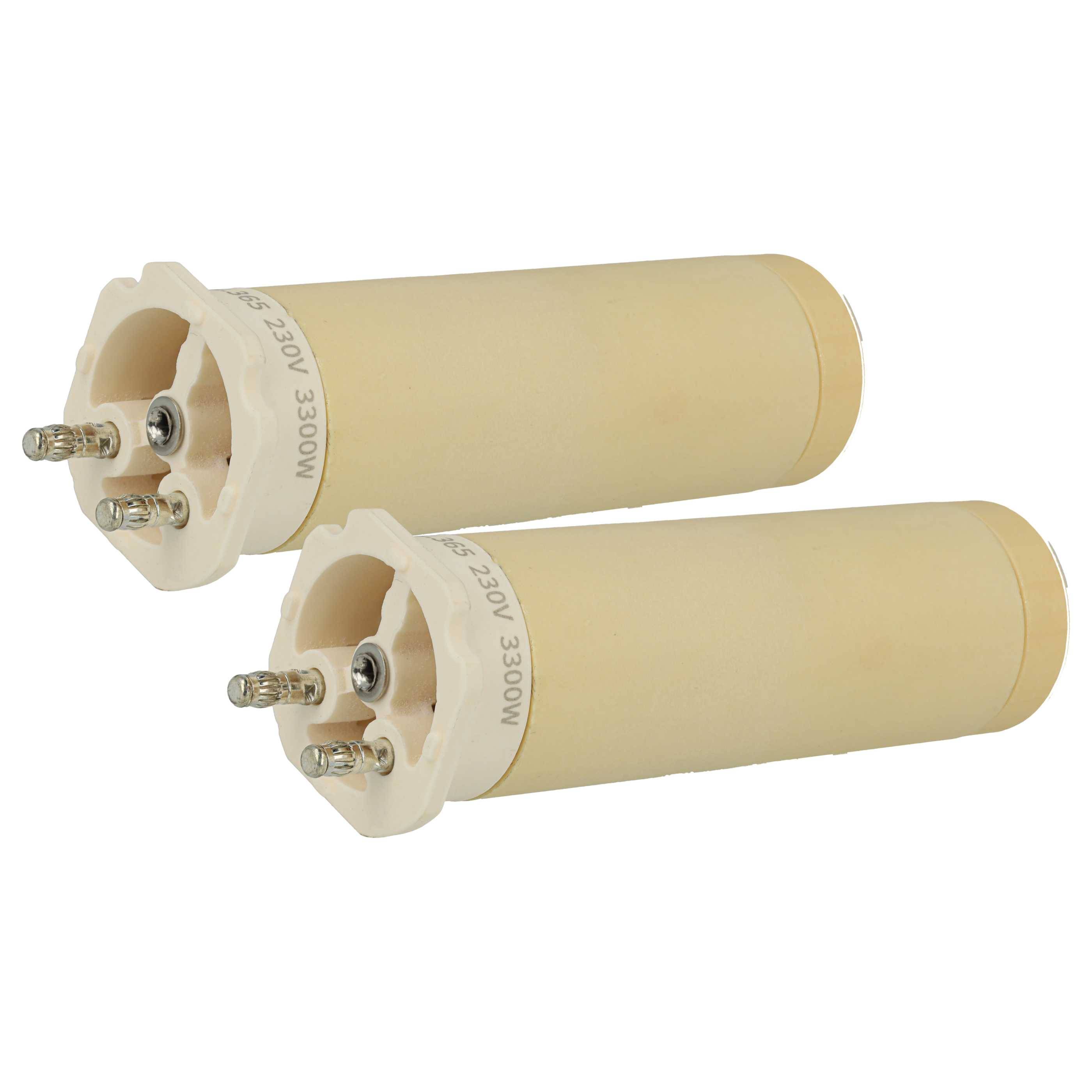 Zwei beige zylindrische elektrische Komponenten mit Metallstiften an einem Ende, beschriftet mit '230V 300W', parallel zueinander ausgerichtet.