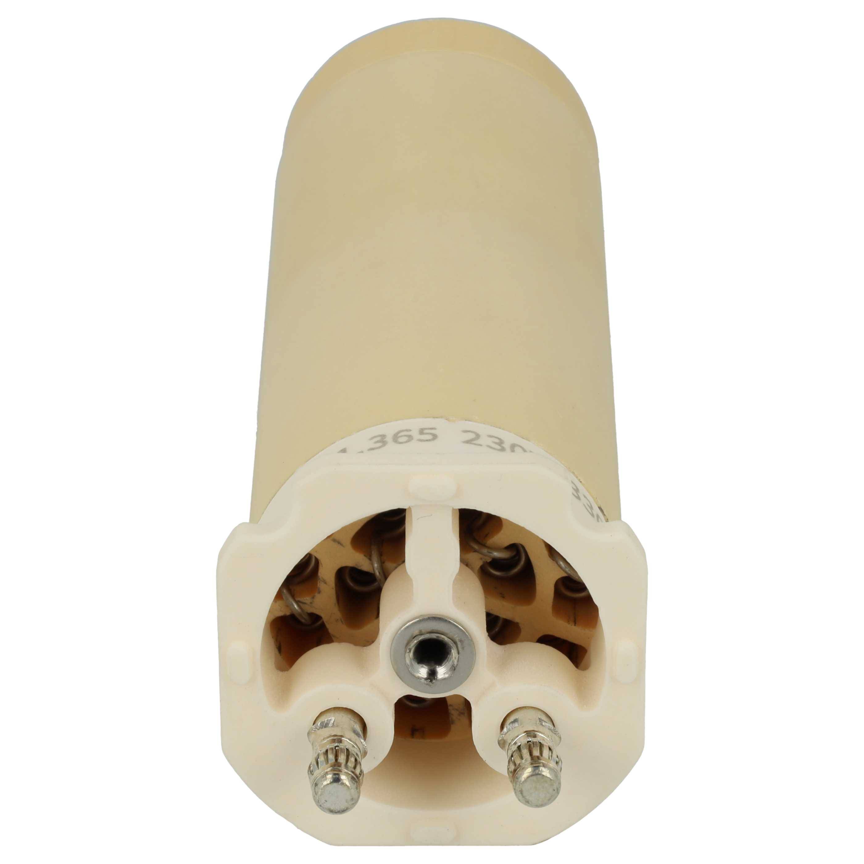 Ein zylindrisches Gerät mit elektrischen Anschlüssen an der Basis, höchstwahrscheinlich ein Kondensator oder eine ähnliche Komponente, die in elektronischen Schaltkreisen verwendet wird.