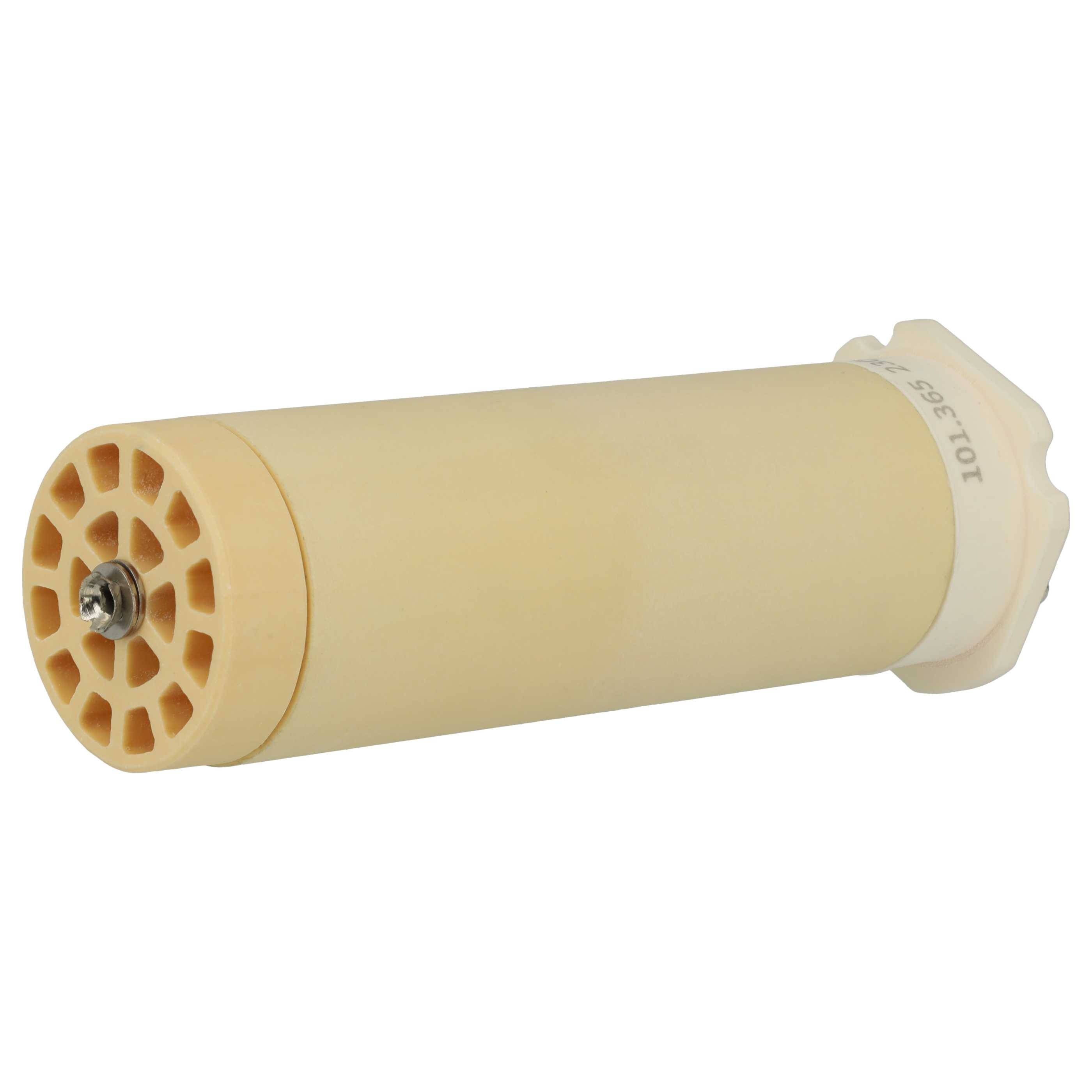Eine zylindrische, beige Filtrationsmembran mit einer Wabenstruktur am Ende, die in industriellen Wasseraufbereitungssystemen verwendet wird.