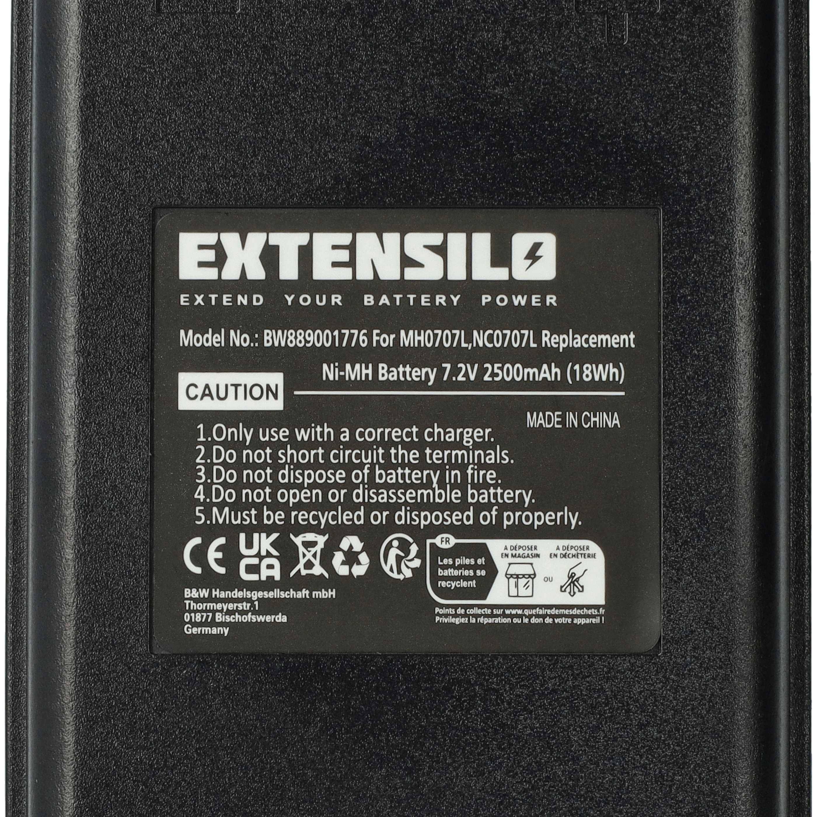 Ein schwarzer Akkupack mit der Aufschrift 'EXTENSILO'. Warnhinweis empfiehlt sachgemäßes Laden, Entsorgung und Handhabung. Hergestellt in China, 7200mAh Kapazität.
