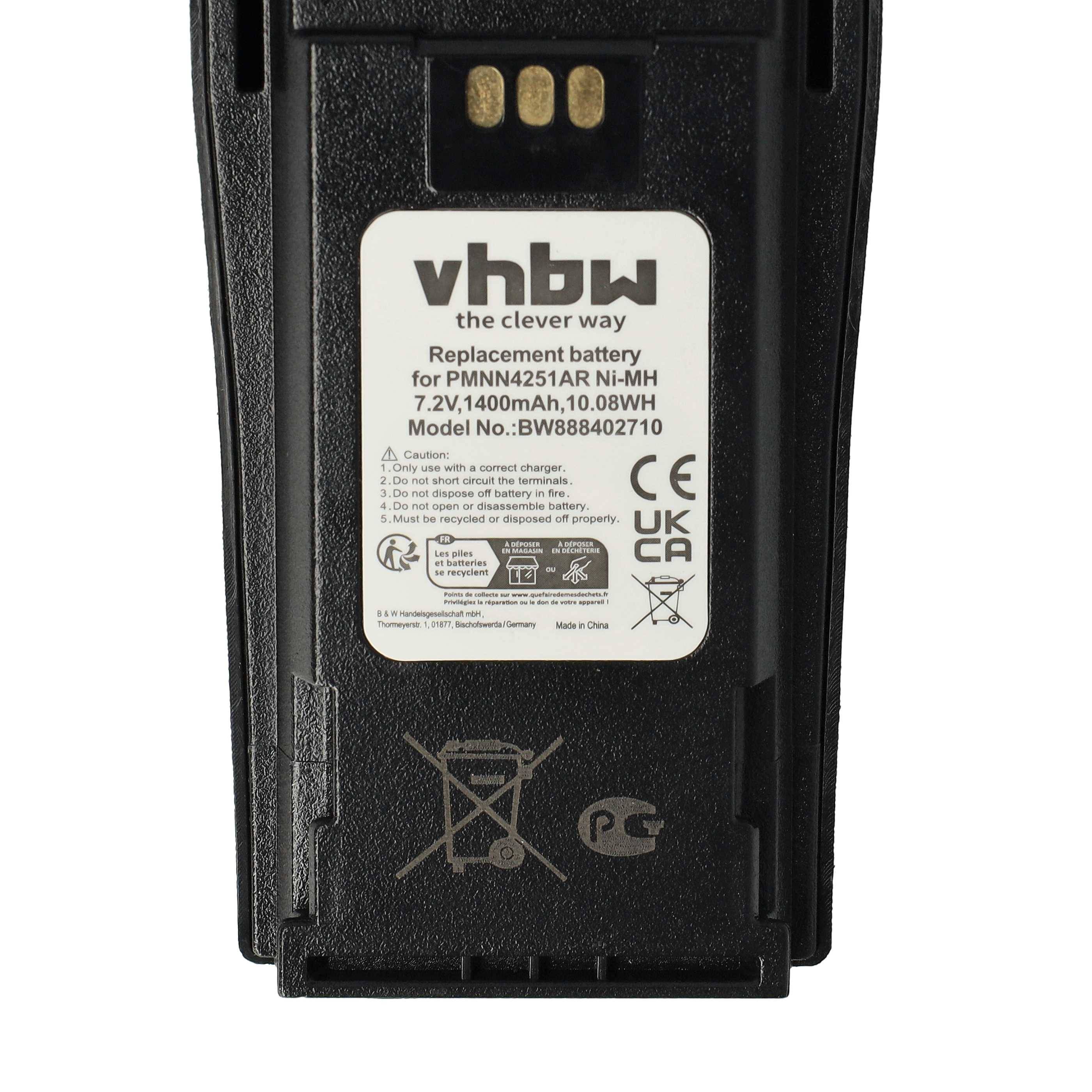 Eine Ersatzbatterie für PMNN4251AR, Ni-MH, 7,2V, 1400mAh, 10,08Wh, Modell BW888402710, von hinten gezeigt mit Etikettendetails.