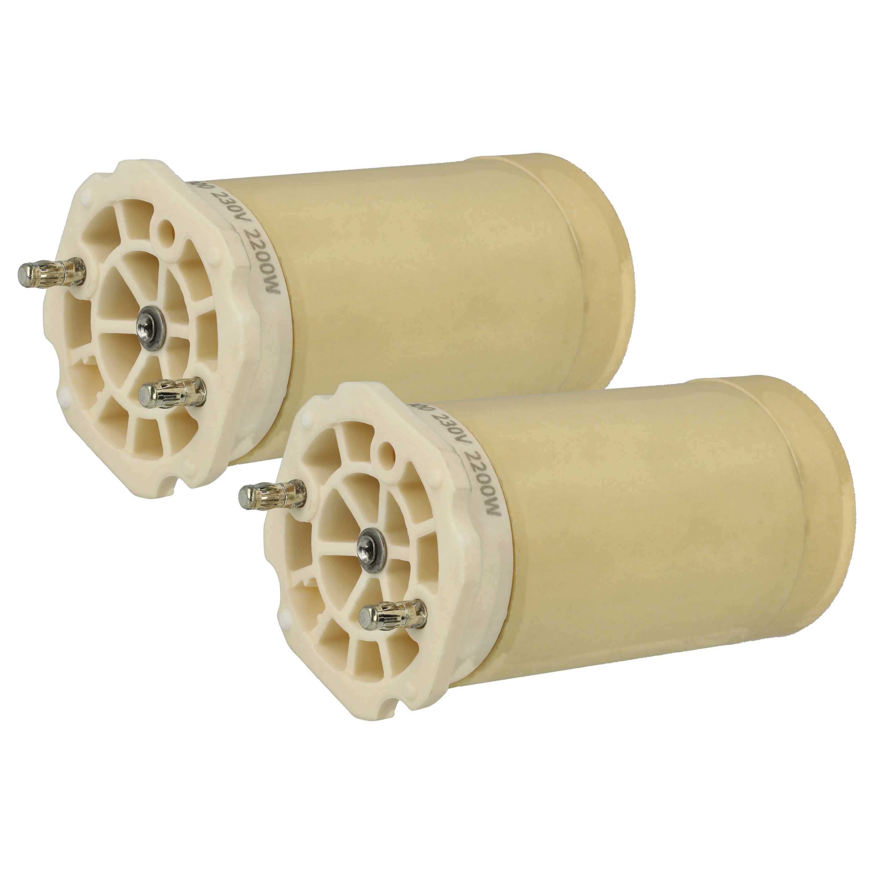 Zwei beige zylindrische Objekte mit mehreren hervorstehenden Metallstäben an einem Ende, möglicherweise elektrische Komponenten, nebeneinander ausgerichtet.
