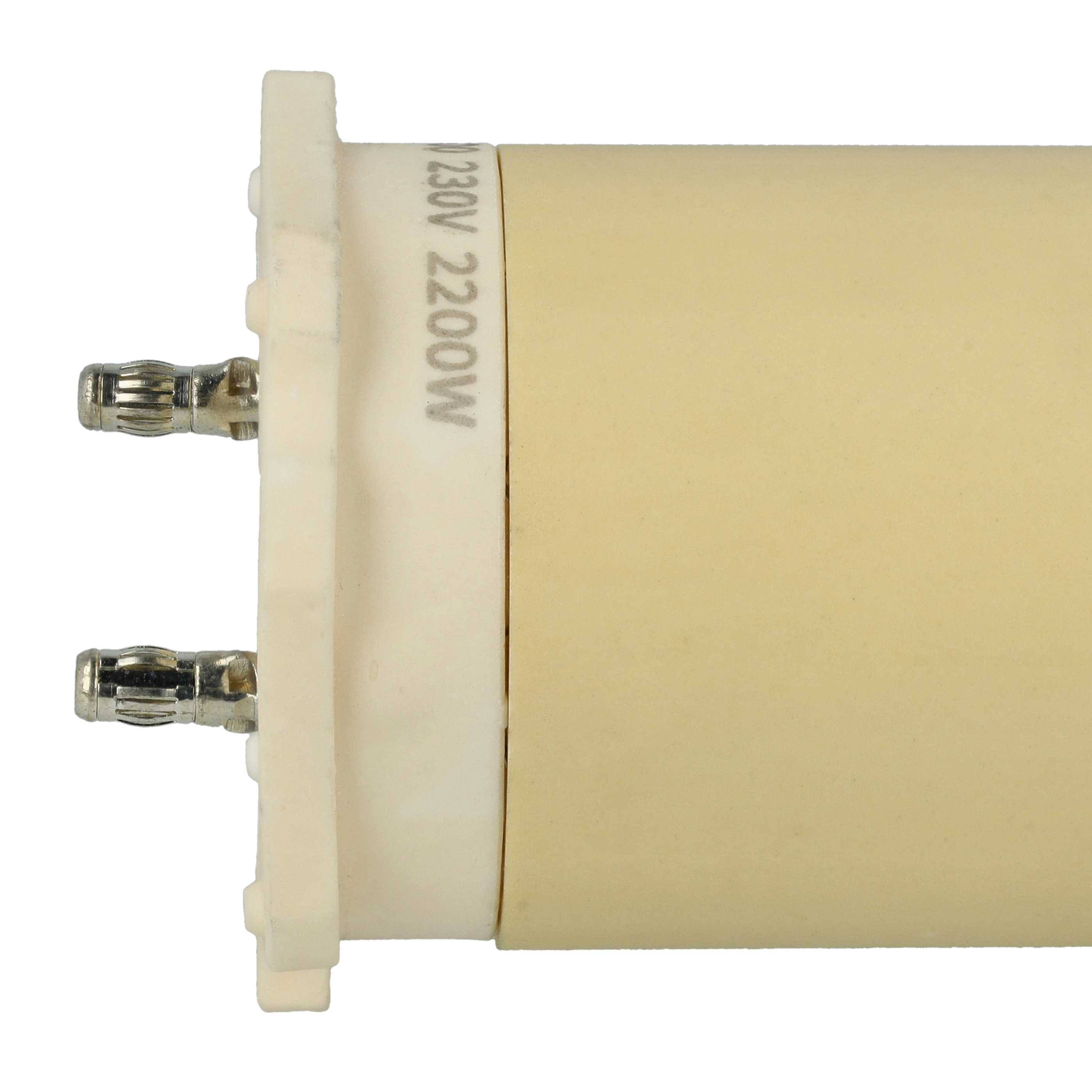 Ein keramisches Heizelement mit elektrischen Anschlüssen an der Seite. Der Text zeigt '230V 2200W' und gibt Auskunft über Spannung und Leistung.