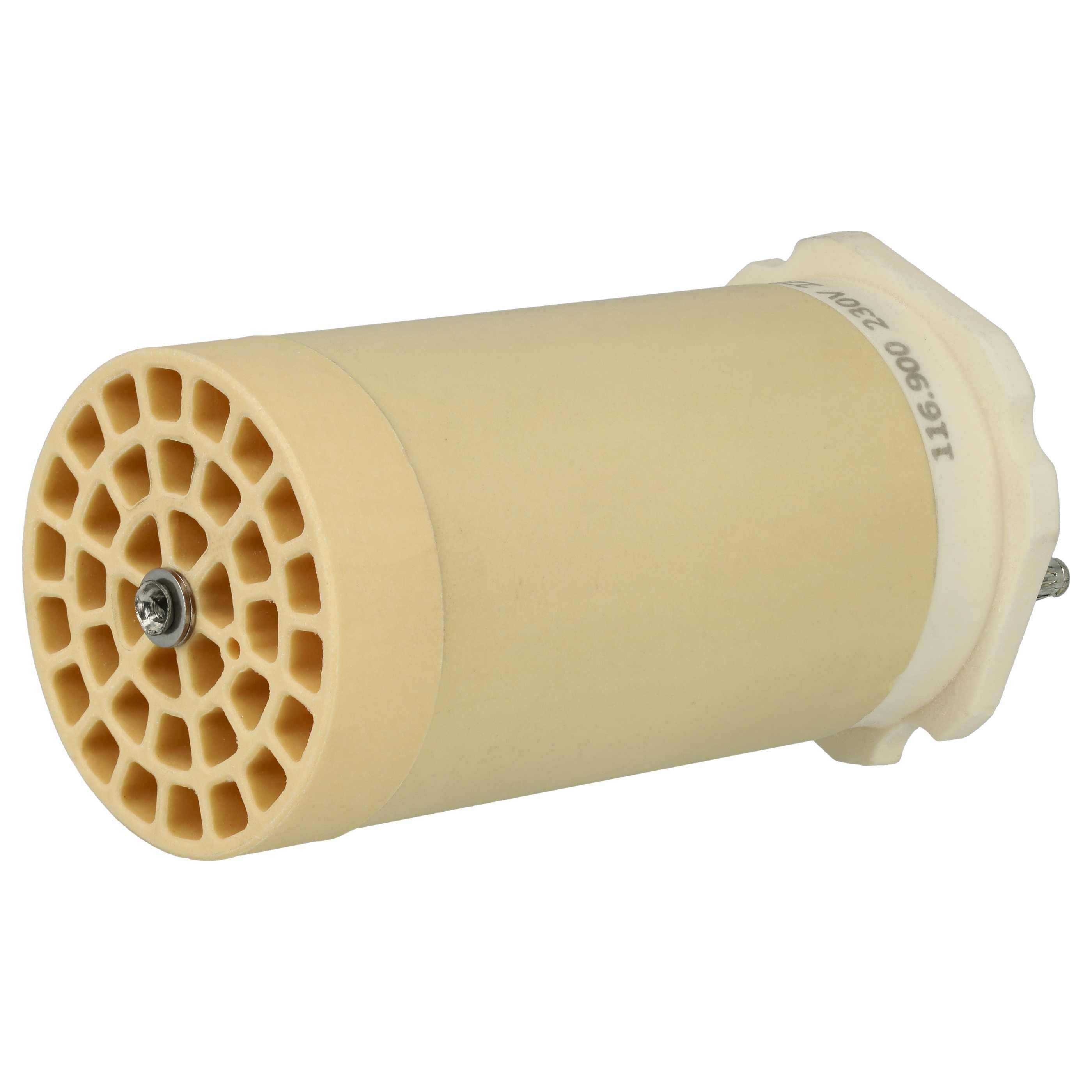 Ein zylindrischer Wabenkörper-Keramikfilter in Beige, mit sechseckigen Zellen und einem Metallfixierer an einem Ende. Konzipiert für Abgassysteme.