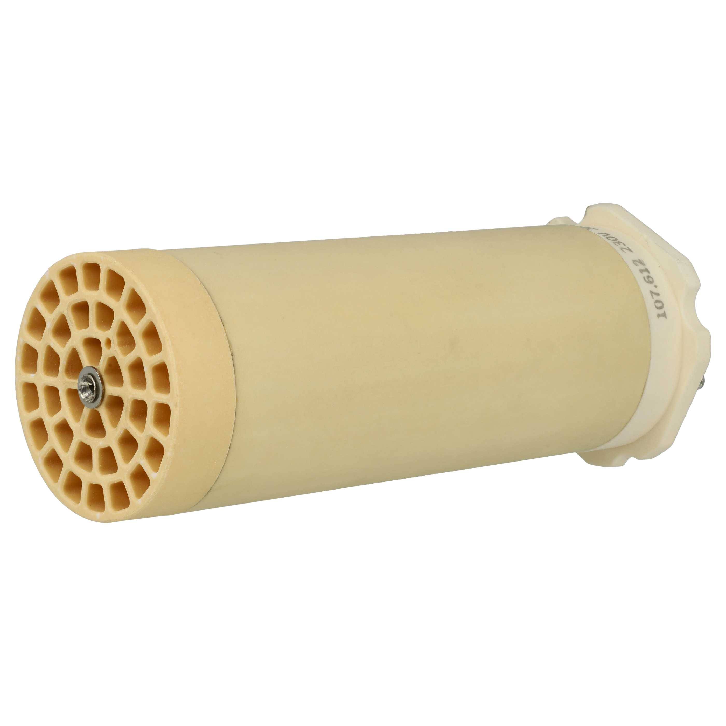 Ein beiger zylindrischer Apparat mit einem gitterartigen kreisförmigen Ende und einem glatten Körper, möglicherweise eine Komponente oder ein Filter, der/die in mechanischen oder Fluidsystemen verwendet wird.