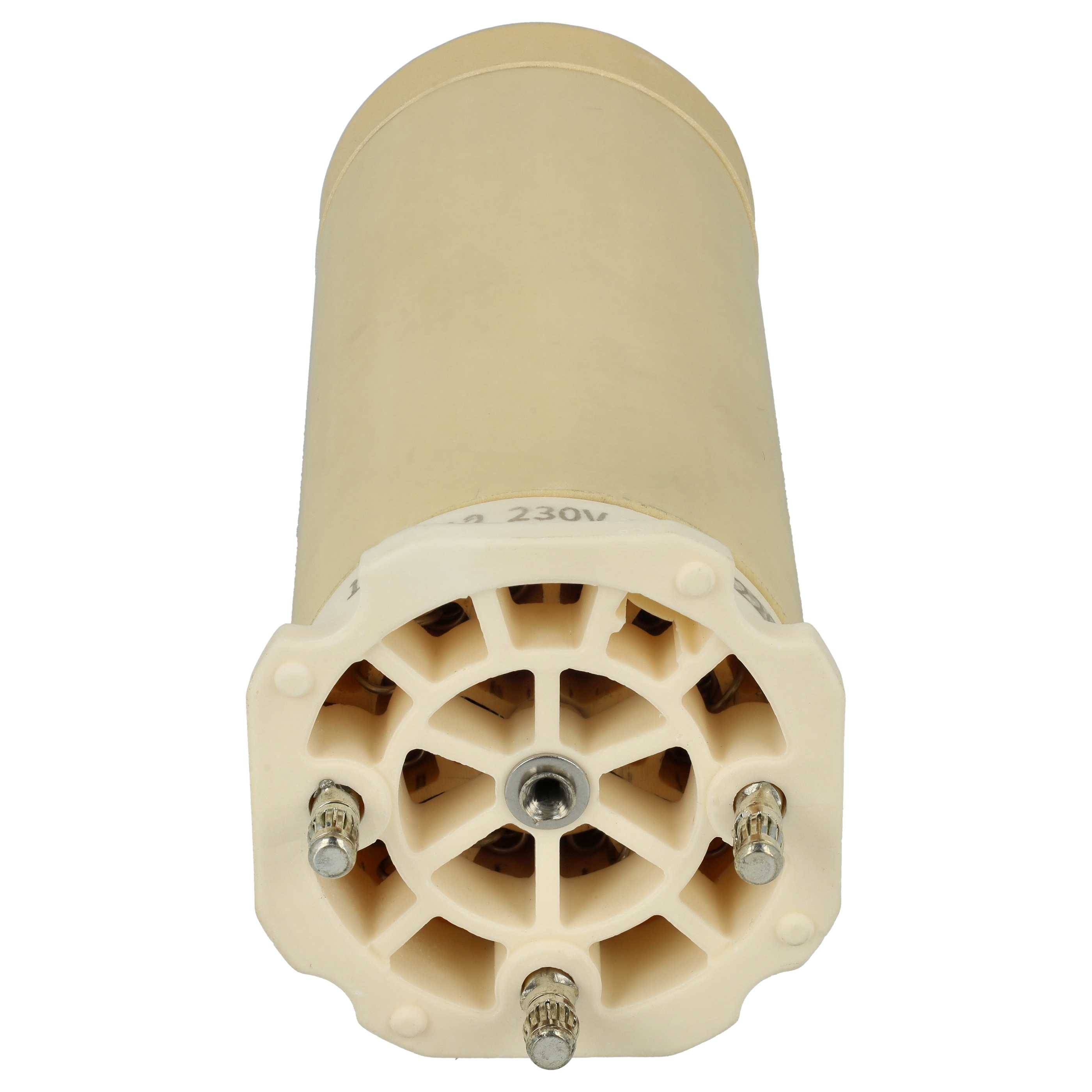 „Ein beiger zylindrischer elektrischer Bauteil mit mehreren Anschlüssen an einem Ende, möglicherweise ein Keramikkondensator oder Filter, ausgelegt für 230V.