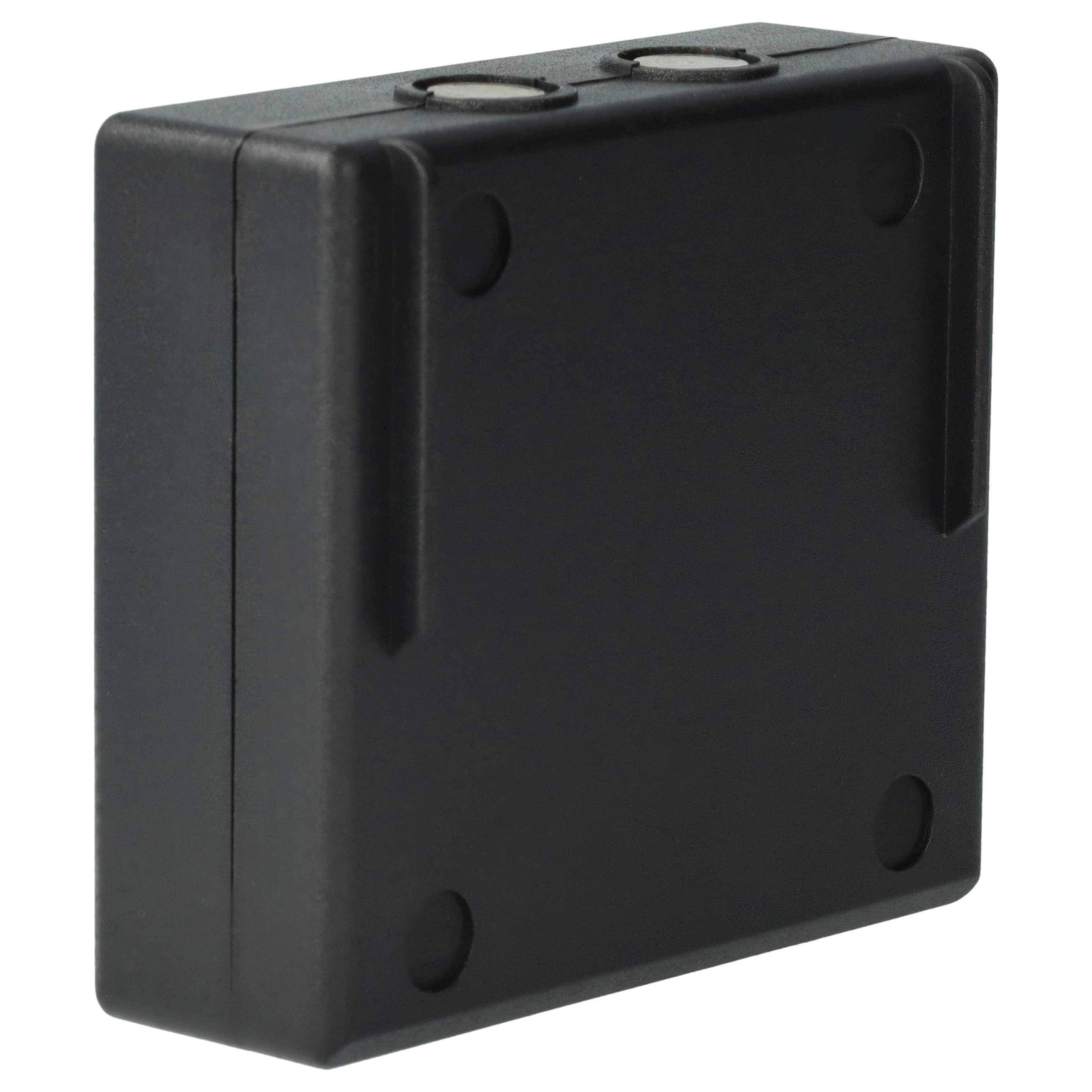 Eine schwarze rechteckige Box mit abgerundeten Ecken und kreisförmigen Vertiefungen an jeder Ecke ist zu sehen, die zwei kreisrunde Löcher auf der Oberseite aufweist.