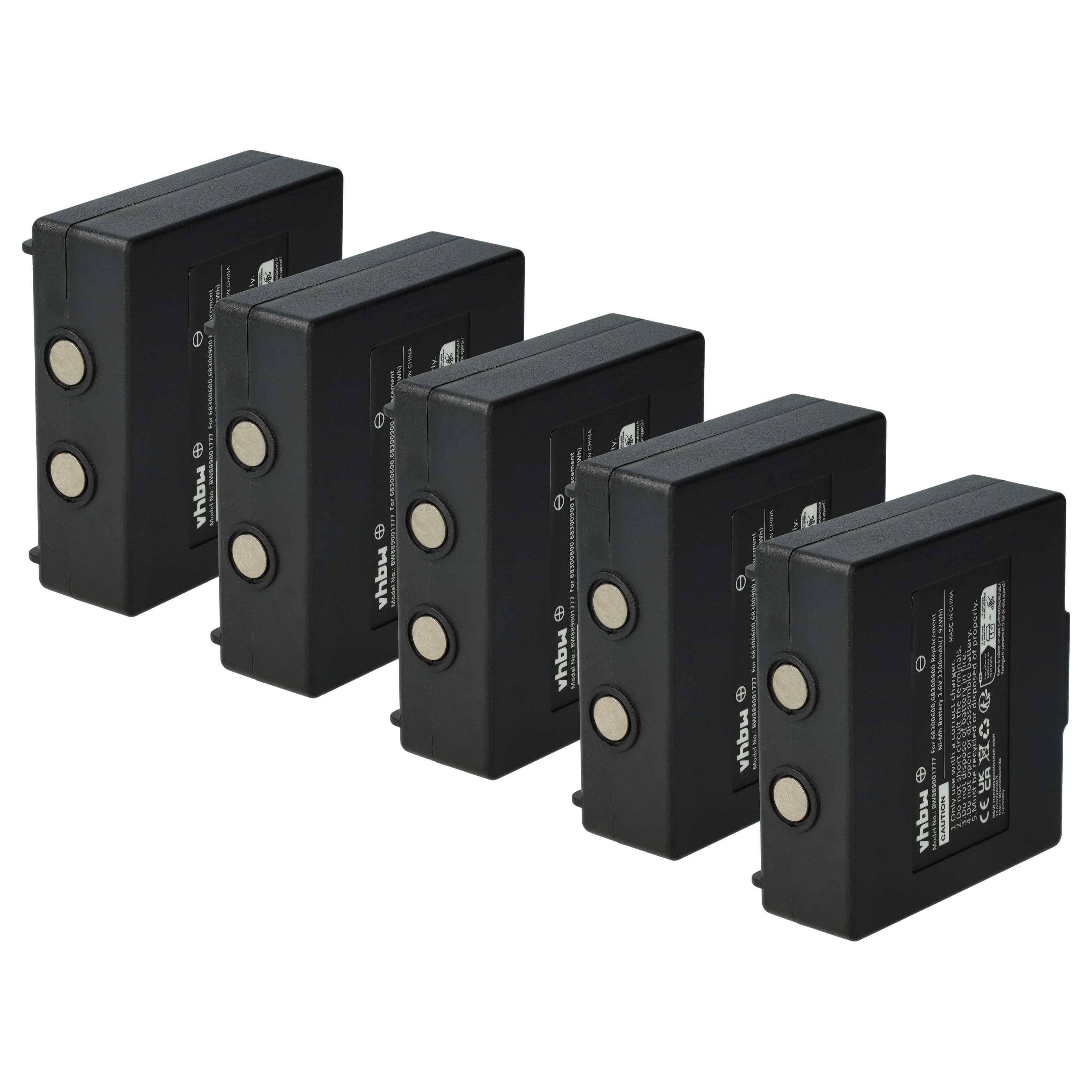 Fünf schwarze elektronische Geräte, die in einer versetzten Reihe angeordnet sind, wobei jedes zwei runde Tasten an der Seite aufweist, höchstwahrscheinlich für elektrische oder technologische Zwecke.